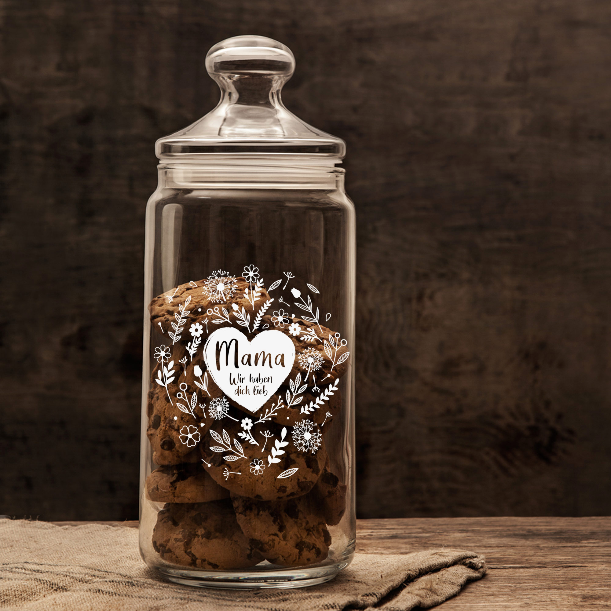 Keksdose mit Gravur für Mama, Vorratsglas mit Blumenherz Motiv, Süßigkeiten Glas mit luftdichtem Verschluss, Glasbehälter als Geschenk zum Muttert