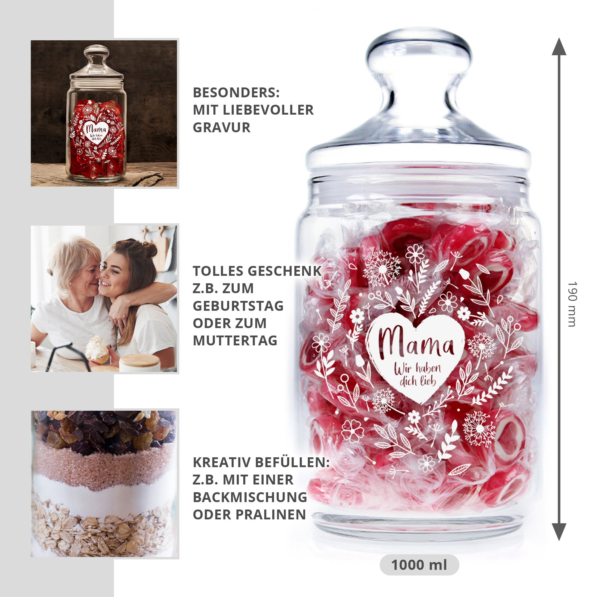 Bonboniere als Muttertagsgeschenk, Vorratsglas mit Blumenherz Motiv, Aufbewahrungsglas mit luftdichtem Verschluss, Süßigkeiten Glas mit Gravur
