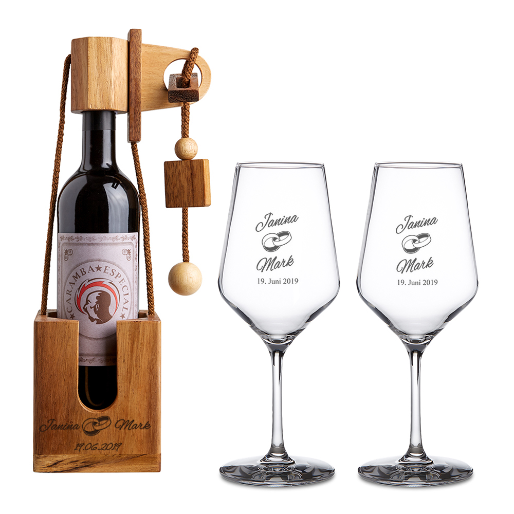 SET- 2er Set - Weinglas + Flaschenpuzzle - Dunkel - Hochzeit - Personalisiert