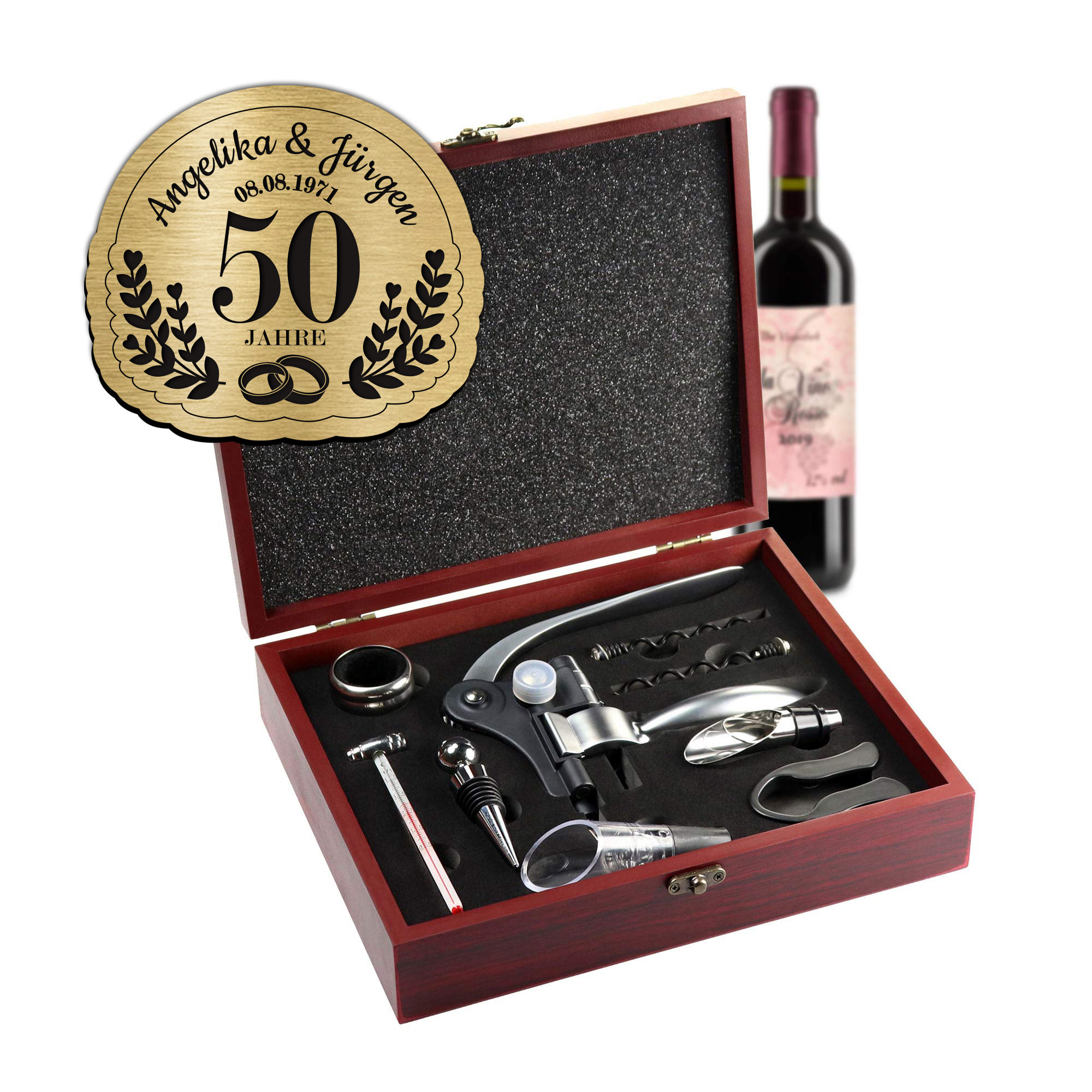 Wein Geschenkset mit Gravur als Hochzeitstag Geschenk, Weinsommelier Set zum 50 Hochzeitsjubiläum fürs Weintasting, Weingeschenk zur Goldenen Hochze