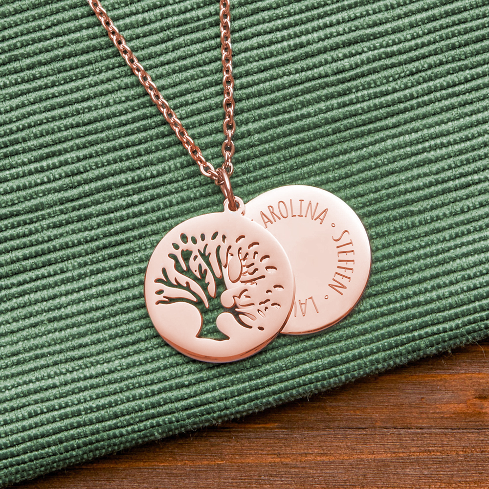 Kette mit Anhänger Lebensbaum - Kreis aus Namen - Roségold