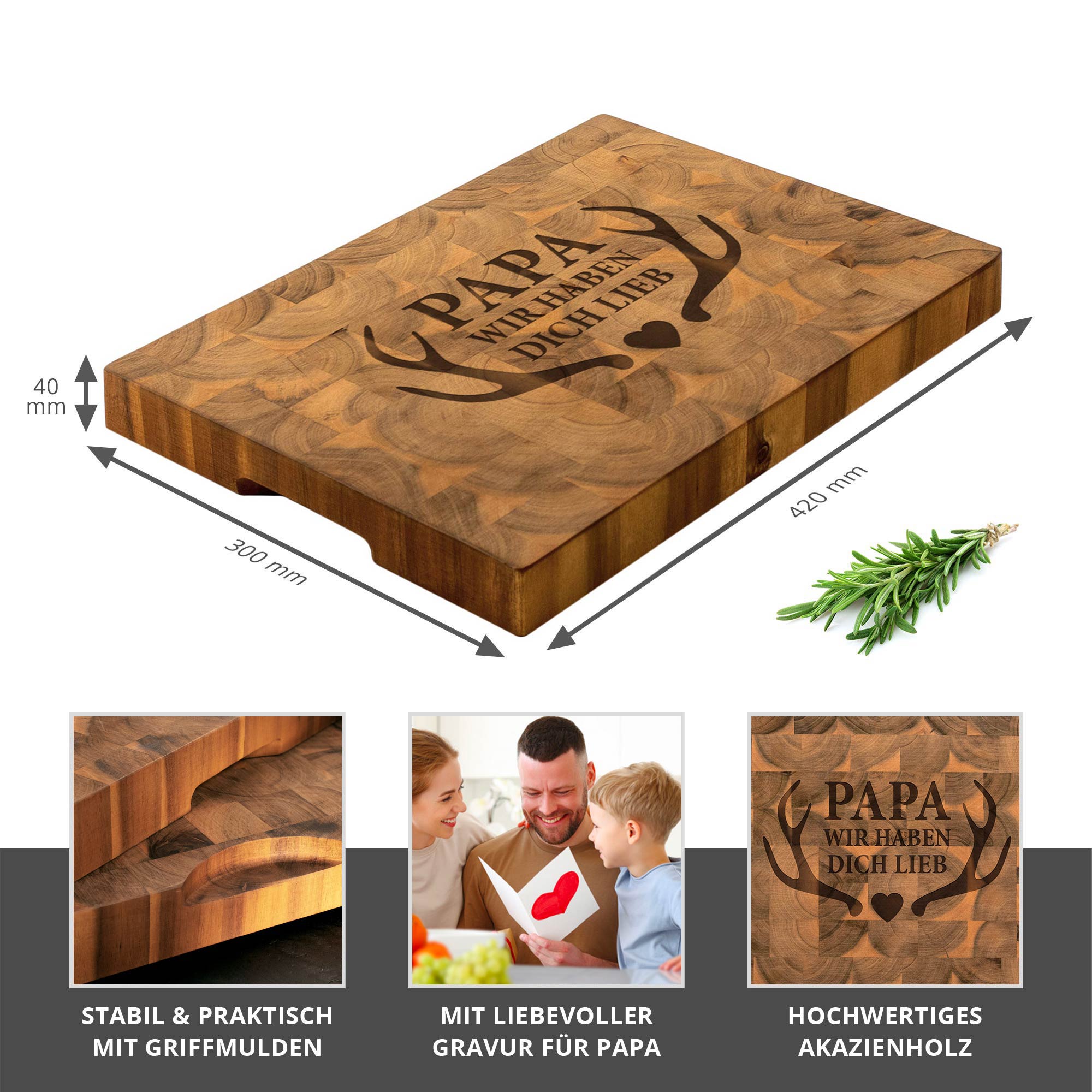 Premium Stirnholz Schneideblock Akazie für Papa - Geweih
