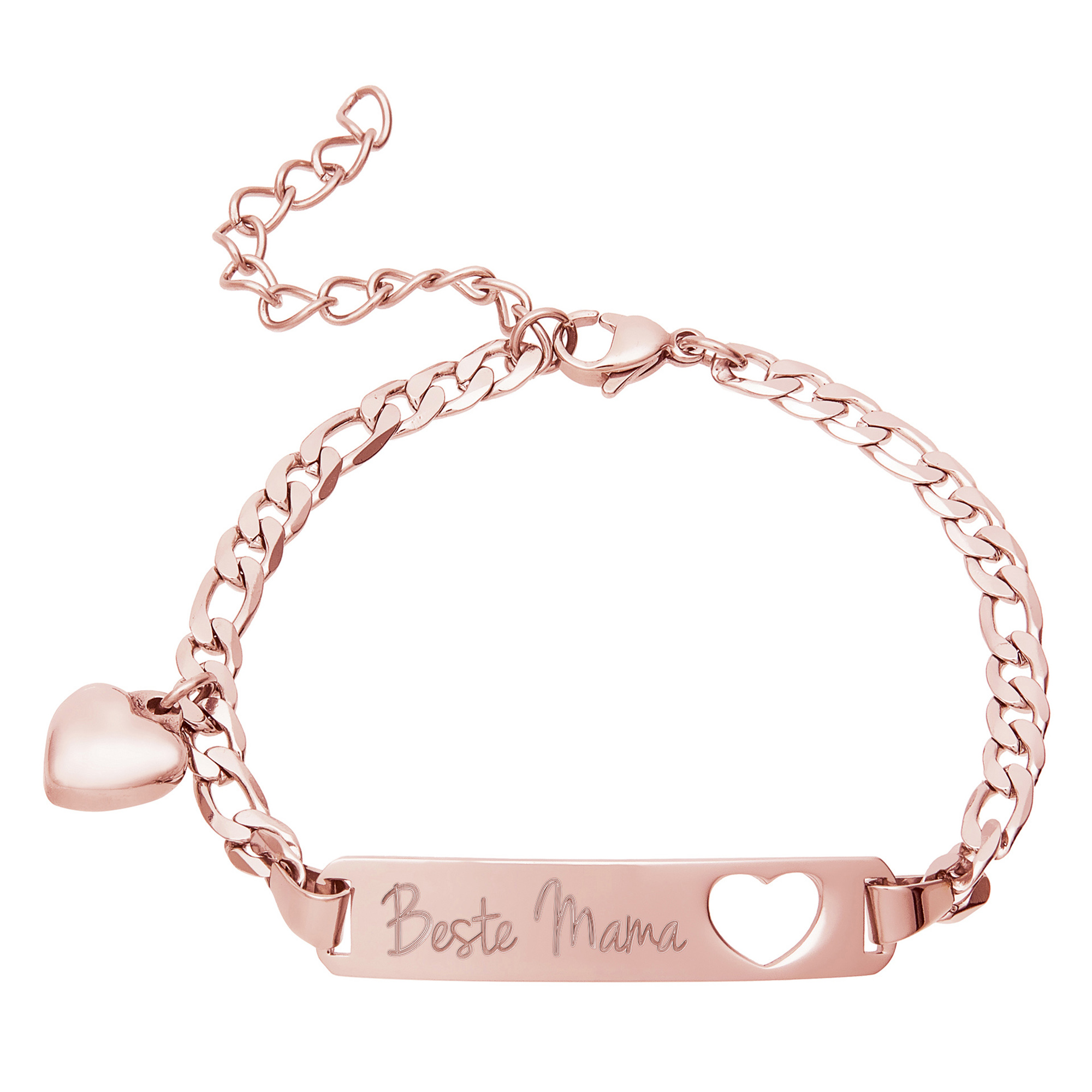Roségold Armband mit Gravur für die Beste Mama, Armreif mit Herzstanze als Muttertagsgeschenk,  Armkettchen mit Herz Charm als Geschenk für Mütter
