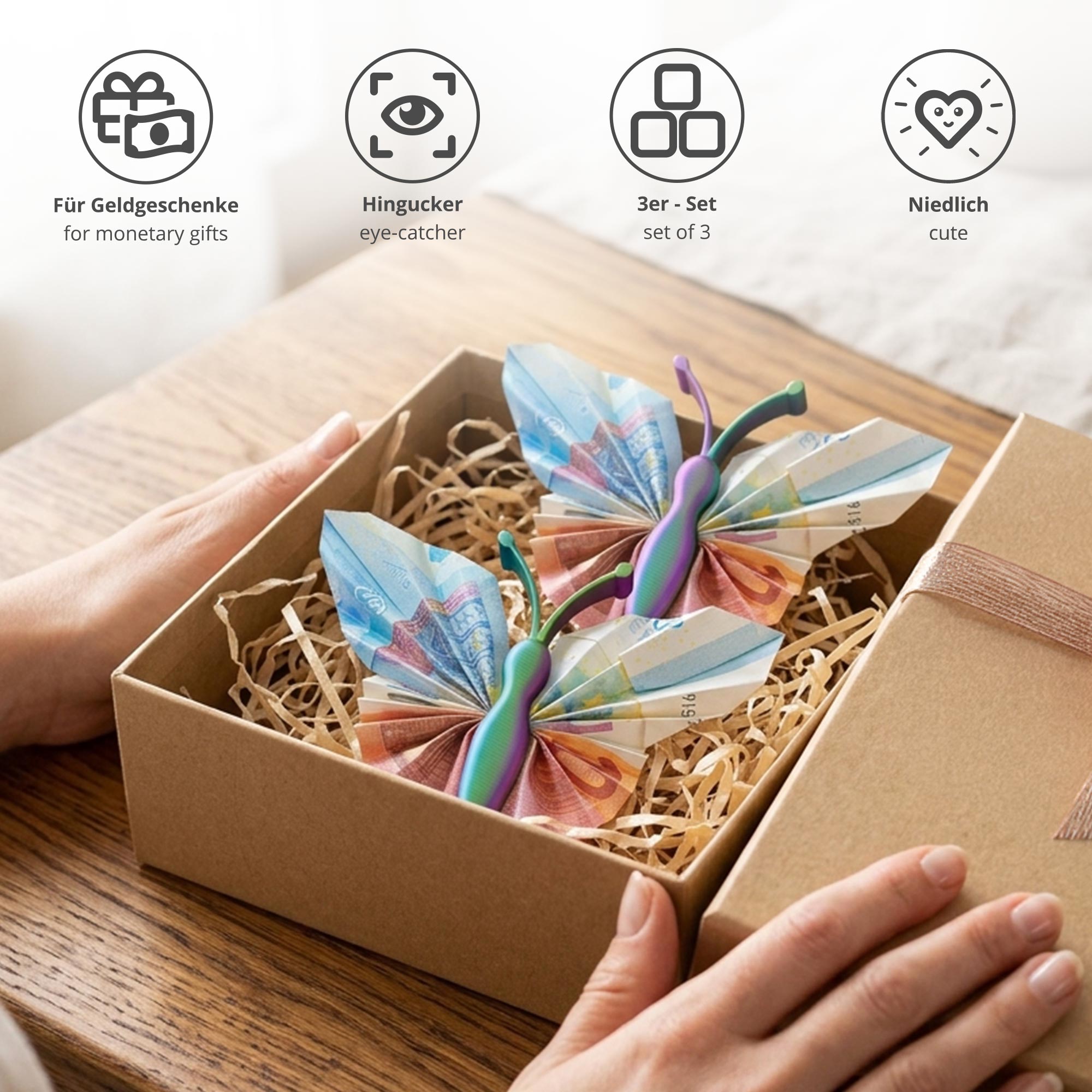 Geldgeschenk Schmetterling - 3er Set Geschenkverpackung für Geld mit Farbverlauf