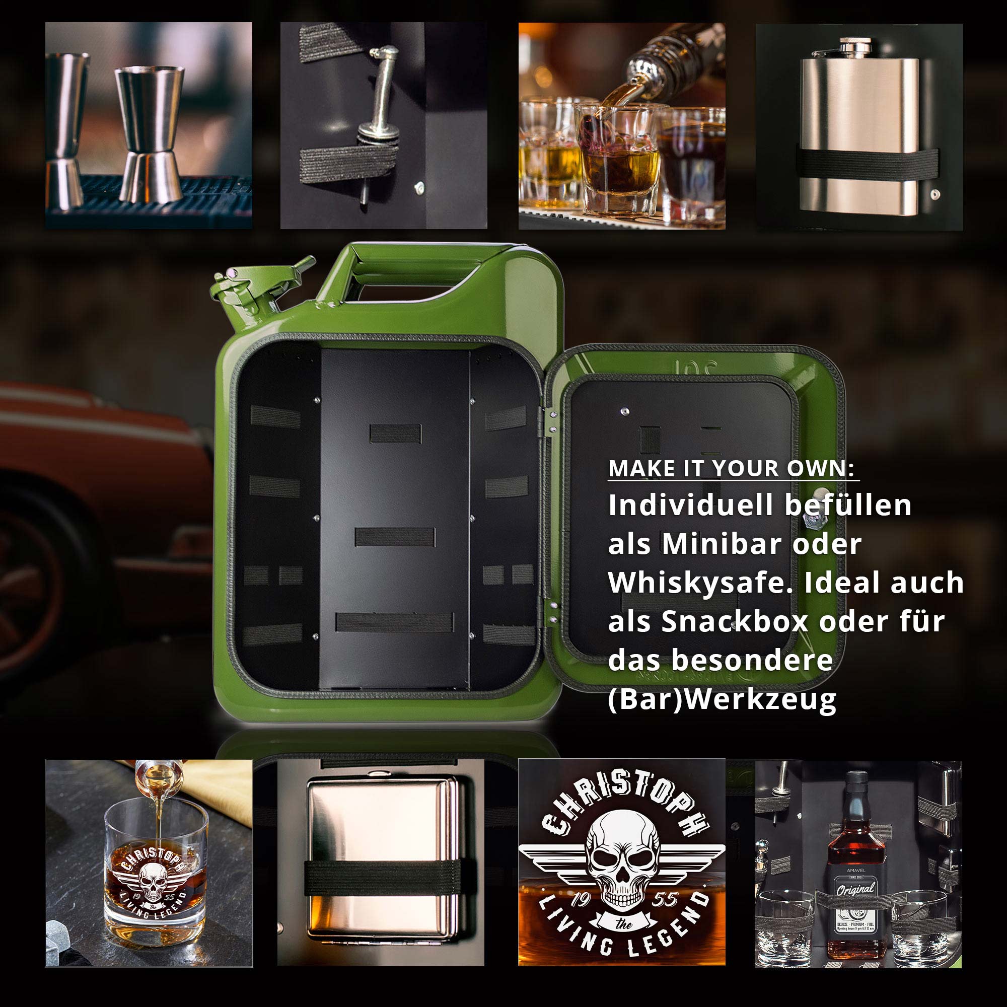 Grüne Kanister Mini Bar mit 2 Whiskygläsern - Totenkopf Gravur