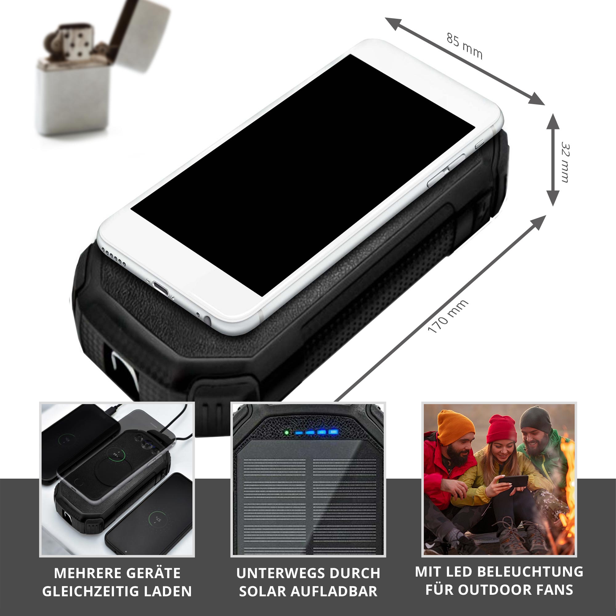 Solar Powerbank 20000 mAh - Ladegerät mit LED Licht