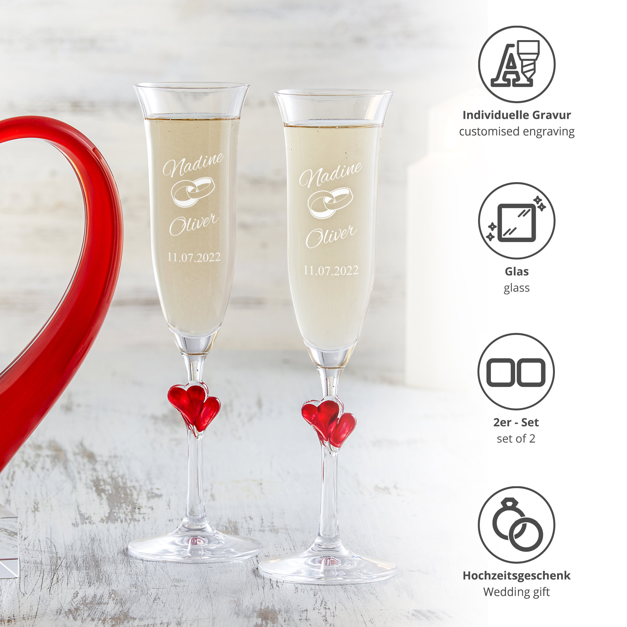 Sektgläser mit Herzen im Stiel zur Hochzeit 3