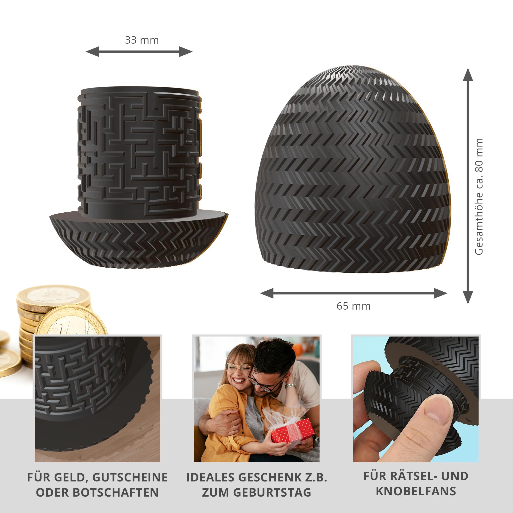 Labyrinthbox Ei in Schwarz – originelle Geschenkbox für Geld, Gutscheine & kleine Überraschungen
