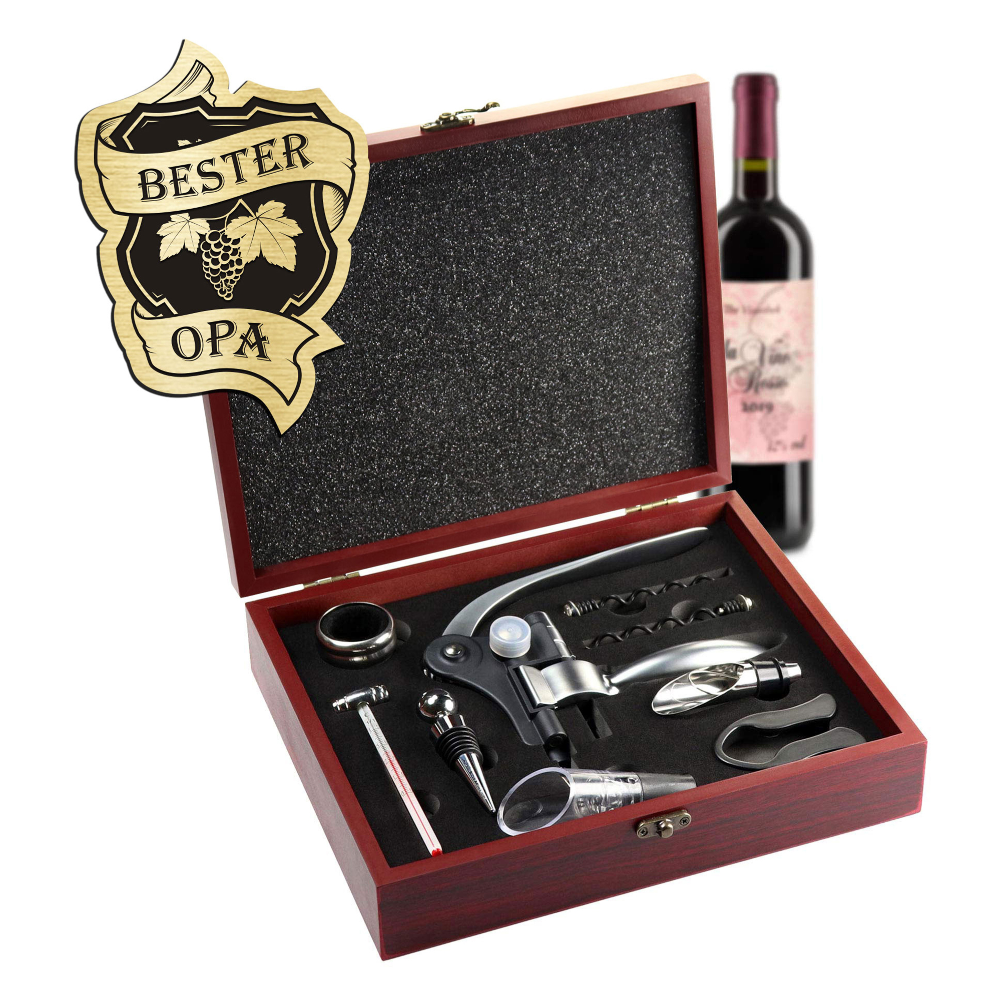 Wein Zubehör im Sommelierset - graviert für den Besten Opa, wertiges Weingeschenk in edler Holzbox, Weinsommelier Set als Geschenk für Großvater