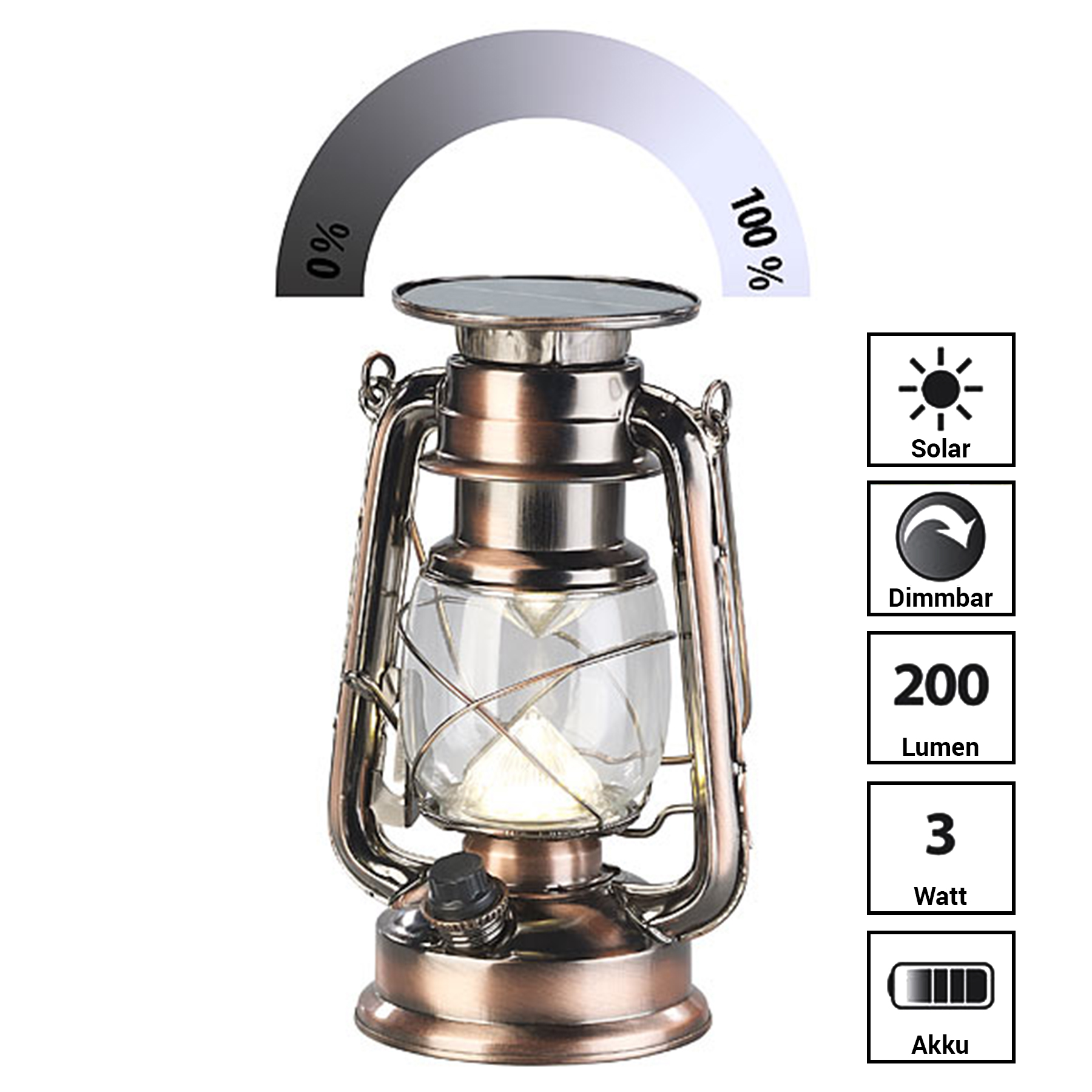 Solarbetriebene LED Leuchte im Sturmlampen-Design