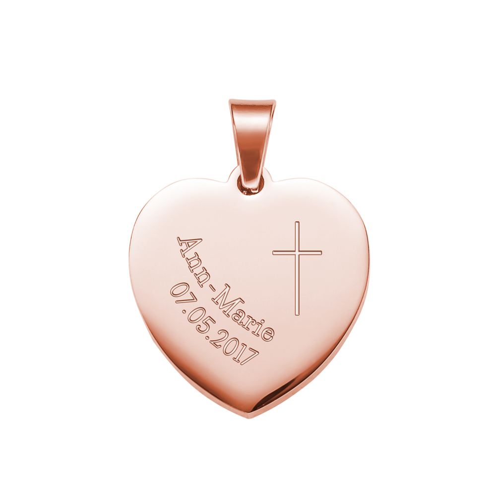 Kette mit Herz-Anhänger - Kreuzkette mit Gravur Kreuz und Datum - Roségold