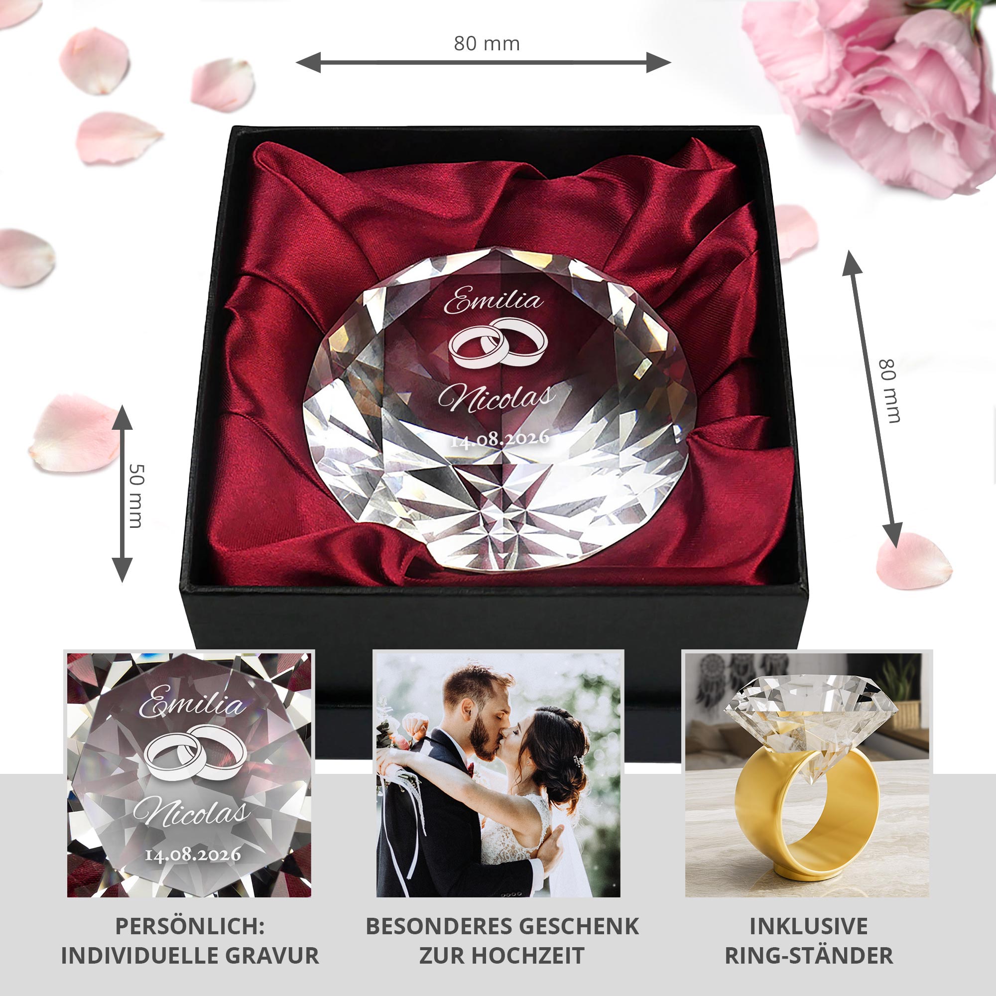 Diamant Kristall mit Gravur zur Hochzeit und Ring Displayständer