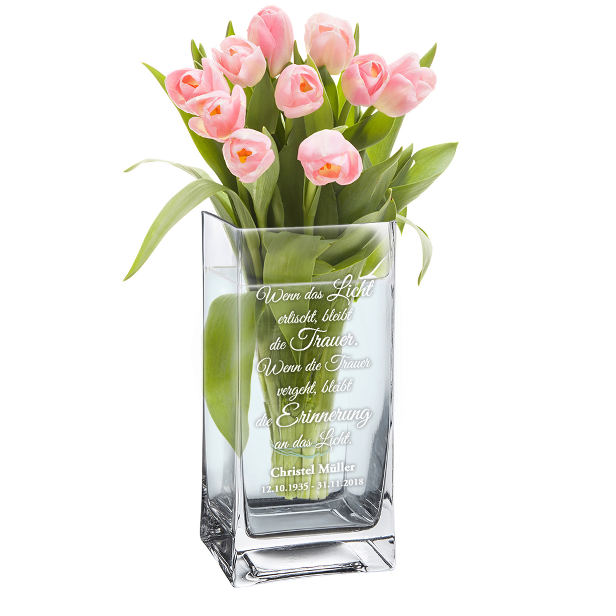 Vase - Eckig - Trauerspruch - Licht - Personalisiert
