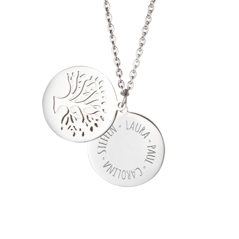 Kette mit Anhänger Lebensbaum - Kreis aus Namen - Silber