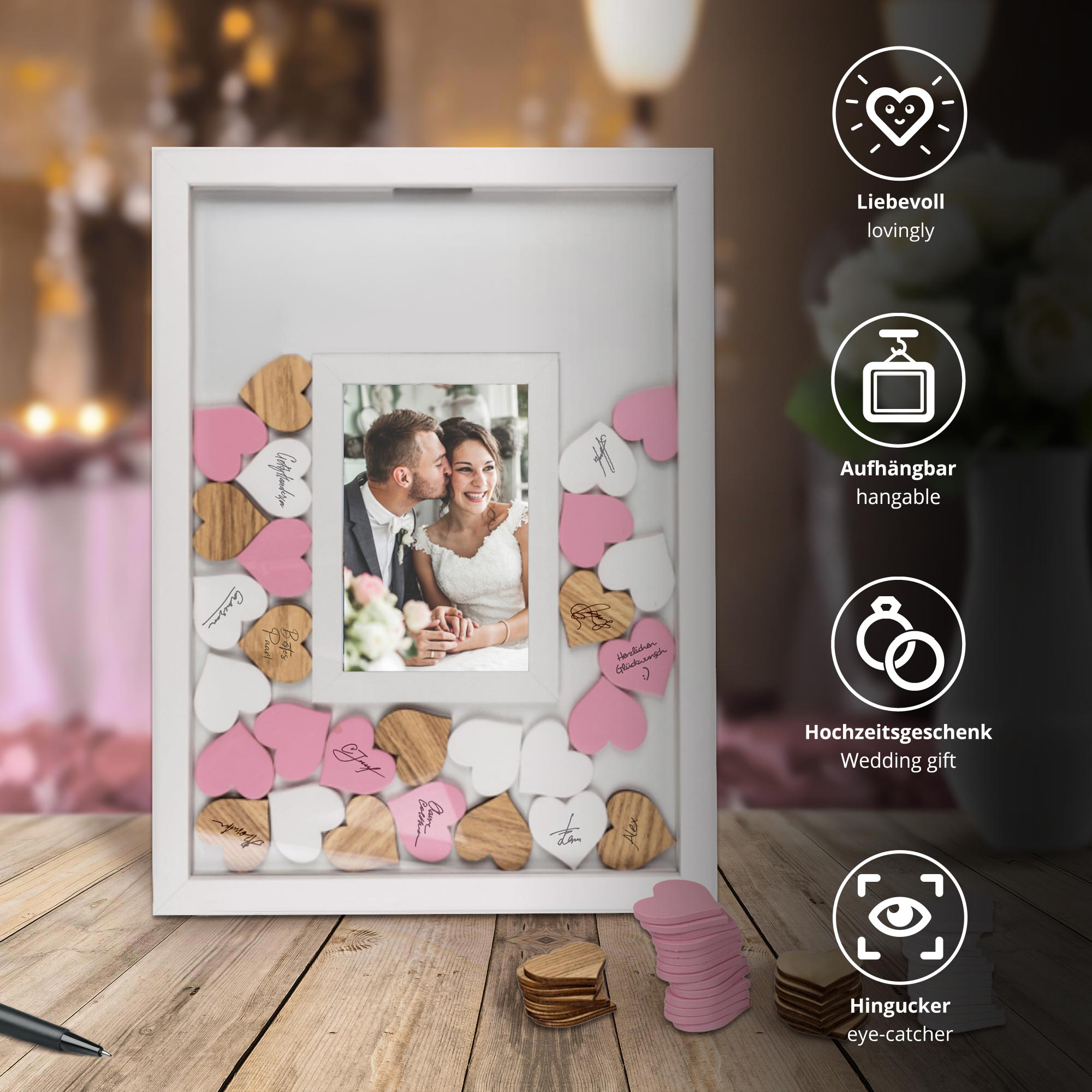 Fotorahmen Gästebuch zur Hochzeit mit Holzherzen