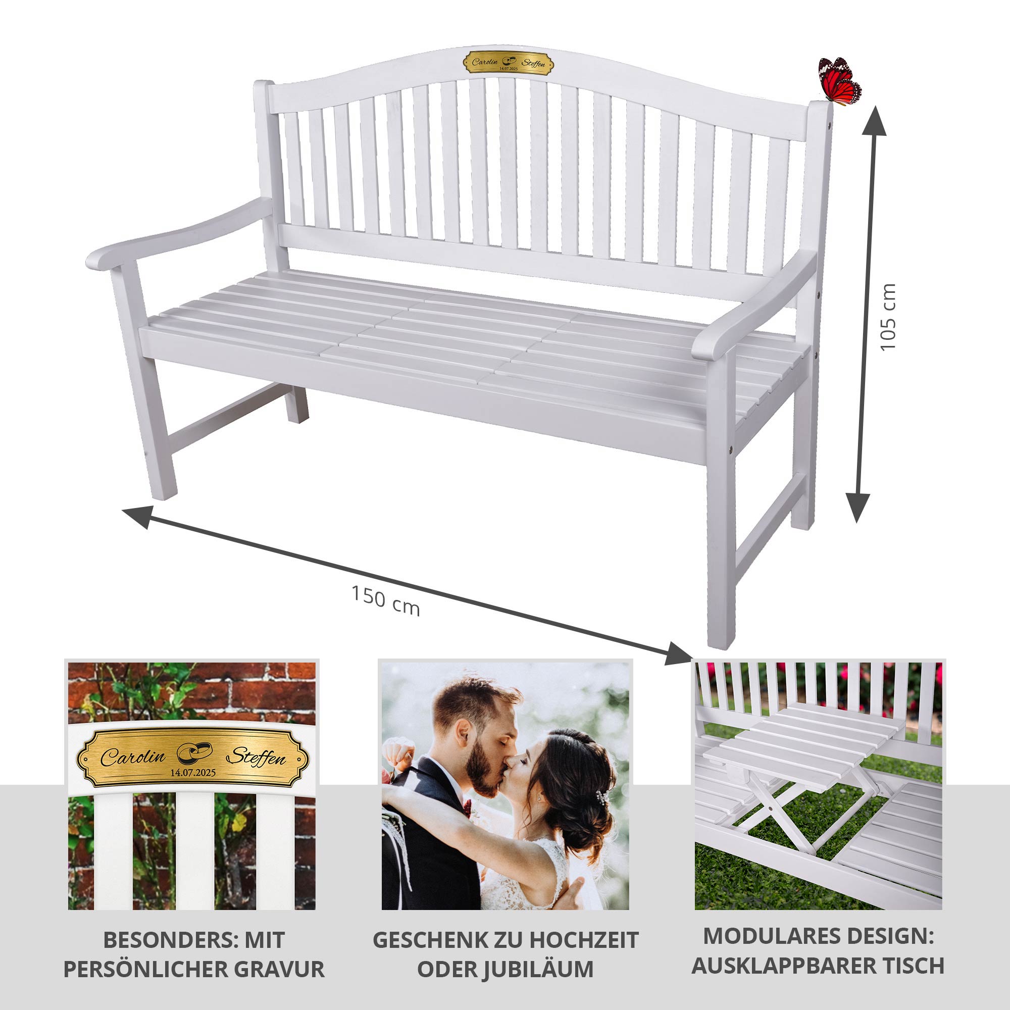 Gartenbank zur Hochzeit mit gravierter Plakette - Weiß