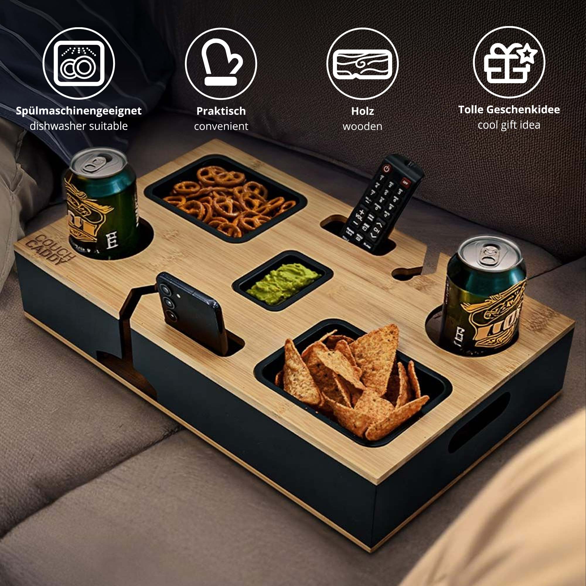 Couchbar mit Getränkehalter - Snackbar aus Bambus