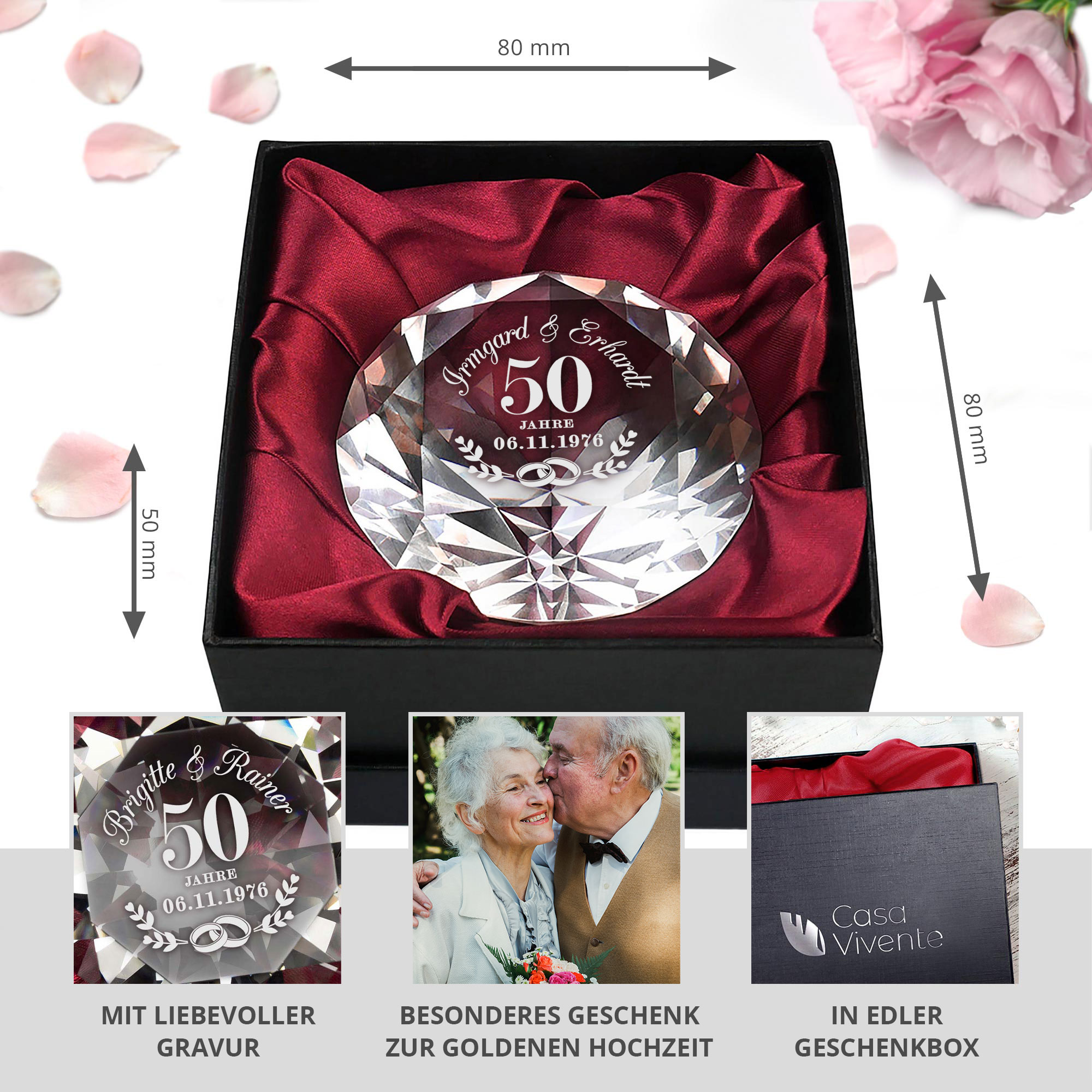 Diamant Kristall mit Gravur - Goldhochzeit