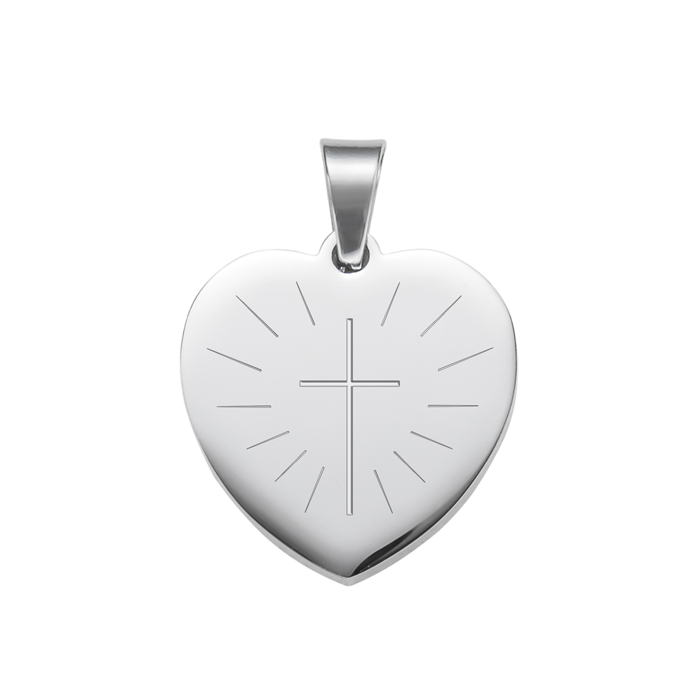 Kette mit Herz-Anhänger mit Gravur - Motiv Kreuz mit Namen und Datum - Silber