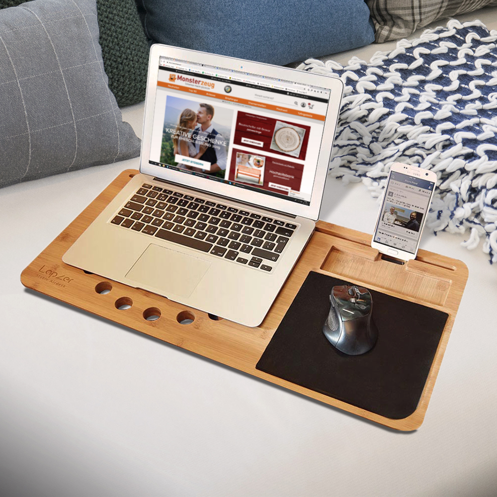 Laptoptisch mit Mauspad, Knietablett, Knietisch, Laptophalter mit Luftlöchern, Laptoptisch Bett, Betttisch Laptop, Lapdesk, Holz Unterlage