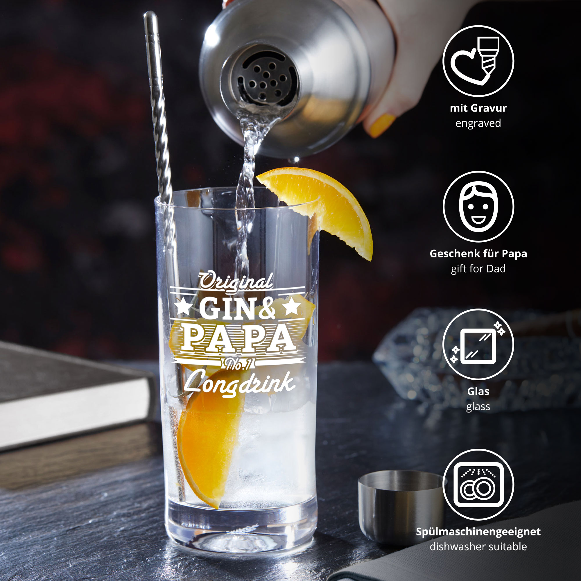 Trinkglas als Geschenk für Papa, Longdrink Glas mit 500 ml Füllmenge, Ginglas als Vatertagsgeschenk, Glas mit Gravur für Papa, Graviertes Wassergla