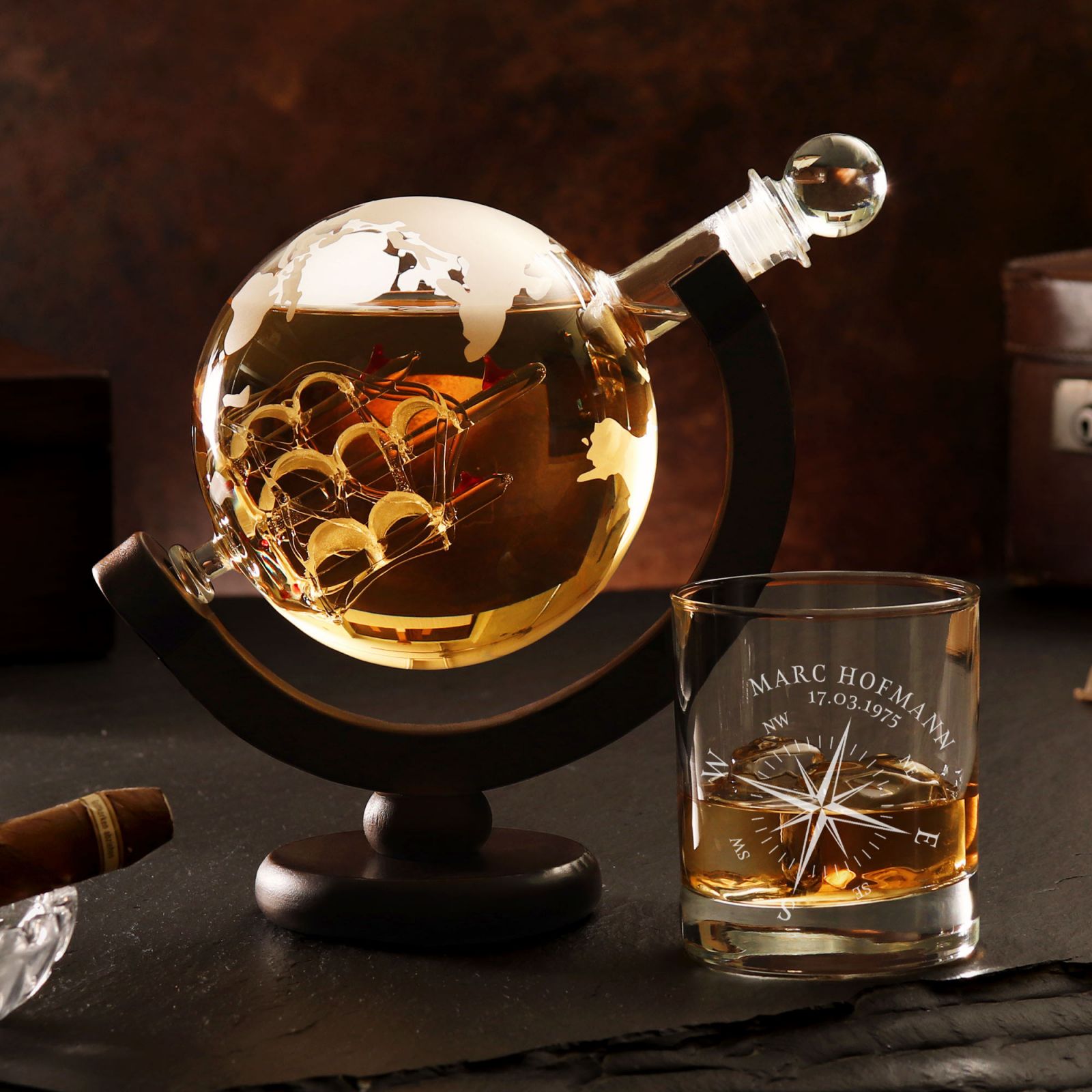 Whiskyset Karaffe Globus - graviertes Whiskyglas - Kompass