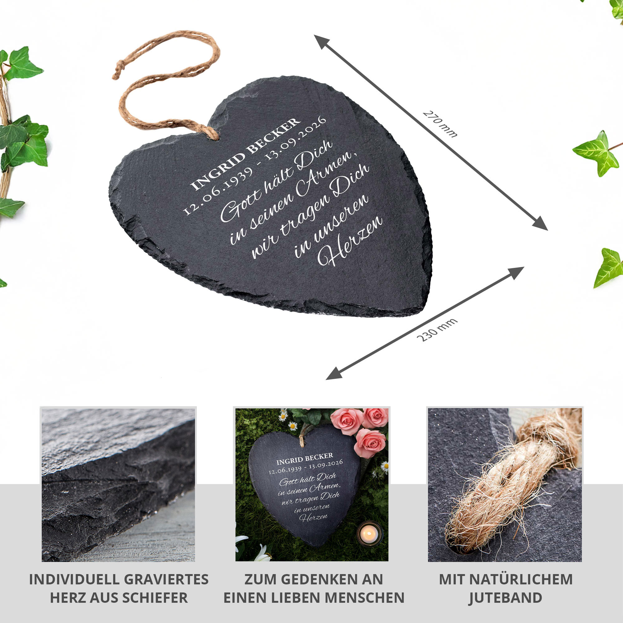 Schieferherz mit Trauer Gravur - Personalisiert
