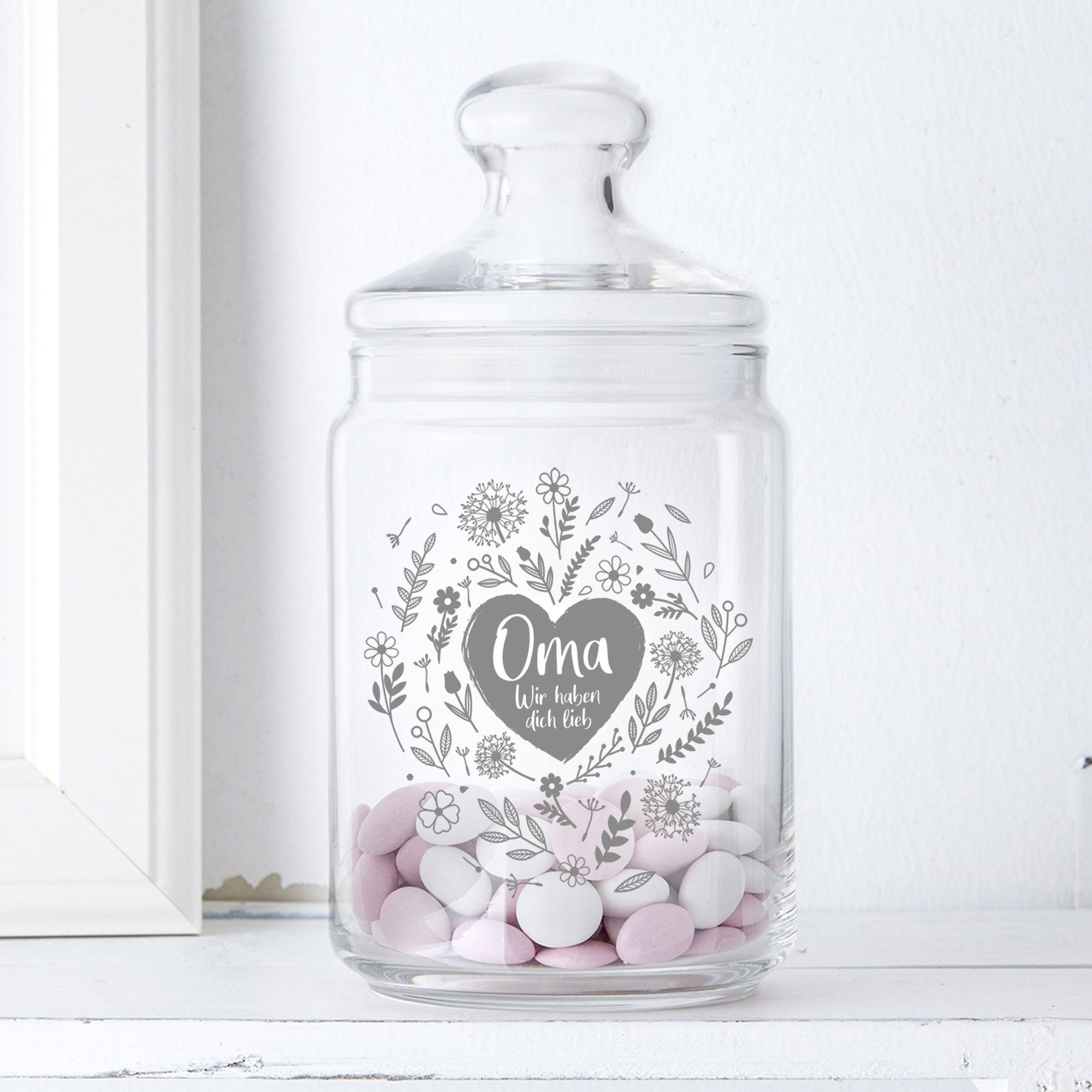 Glas für Bonbons mit Gravur, Bonboniere für Süßigkeiten, Süßigkeiten Glas mit Blumenherz Motiv, Aufbewahrungsglas als Geschenk für Oma