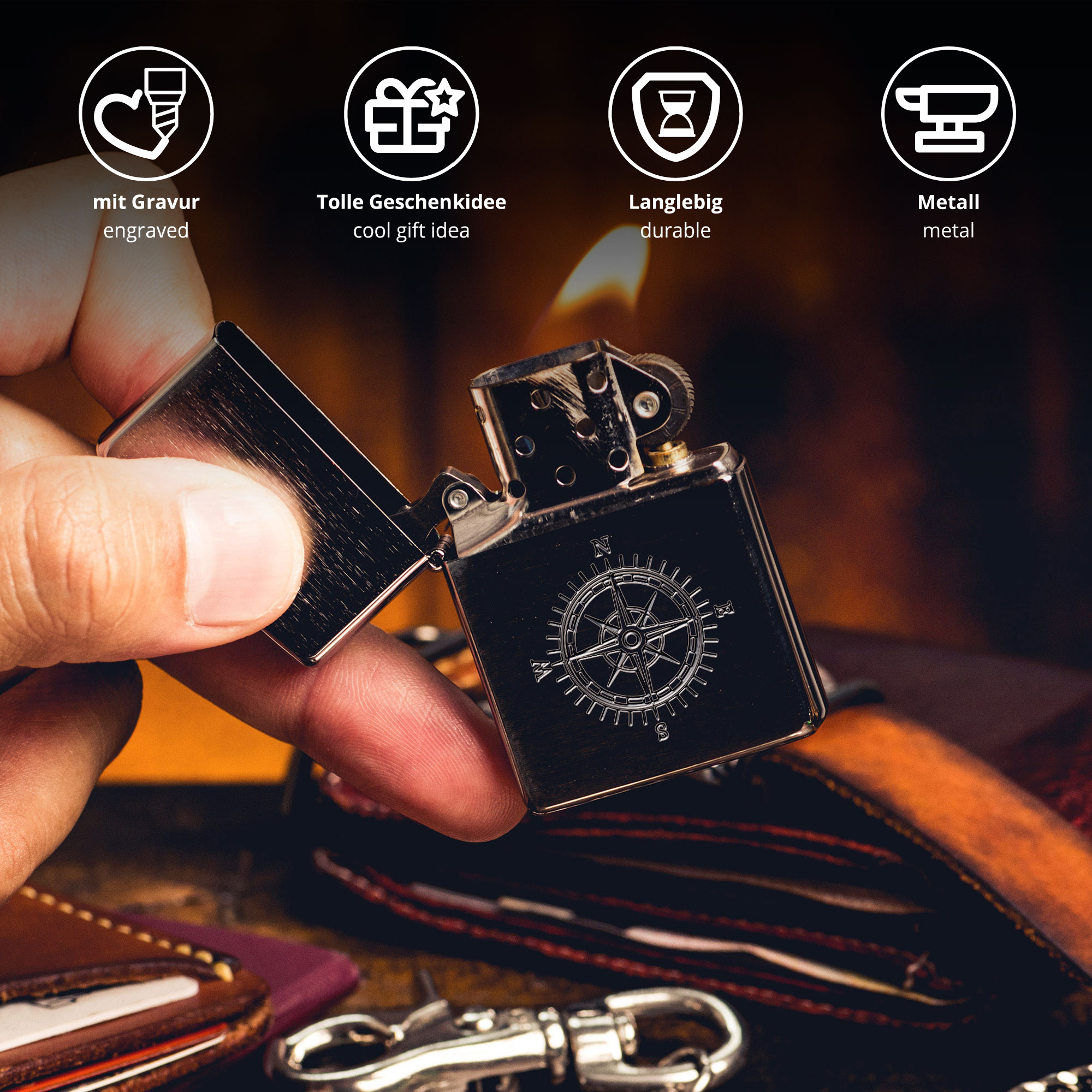 Sturmfeuerzeug zum Klappen, Graviertes Benzinfeuerzeug, Zigarrenfeuerzeug mit Kompass Motiv, Vintage Lighter, Klassisches Zippo-Feuerzeug