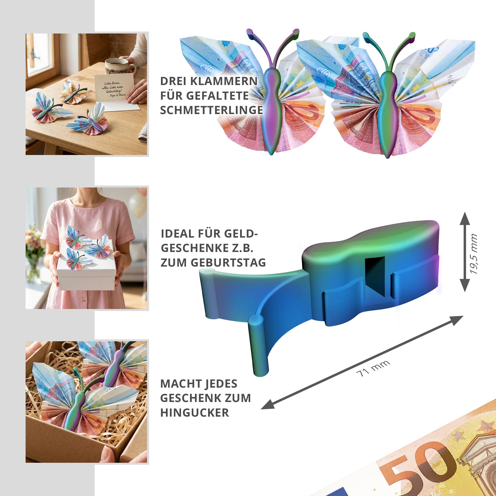 Geldgeschenk Schmetterling - 3er Set Geschenkverpackung für Geld mit Farbverlauf