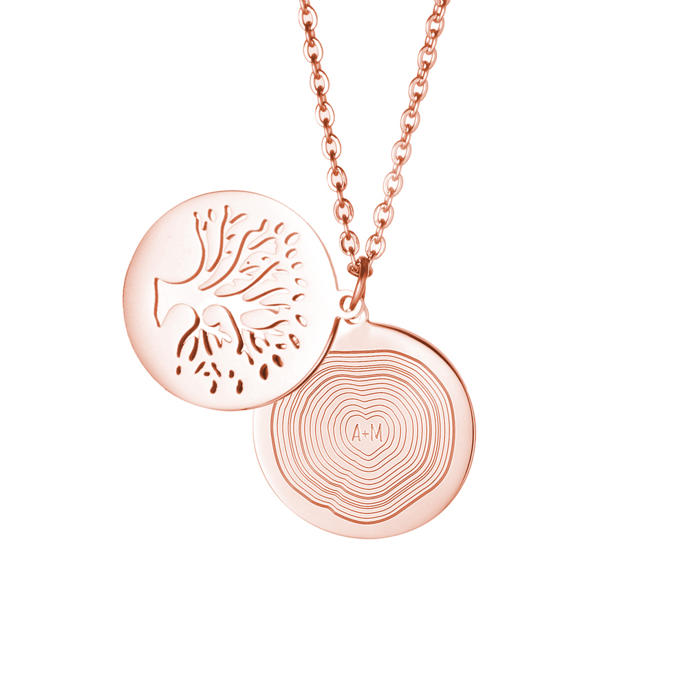 Kette mit Gravur und Lebensbaum-Anhänger - Jahresringe - Roségold