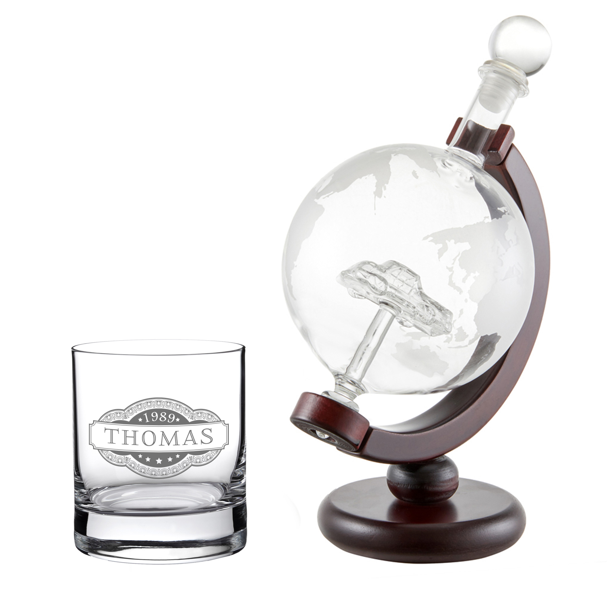 Whiskyset Globus Karaffe Auto und graviertes Glas Banderole