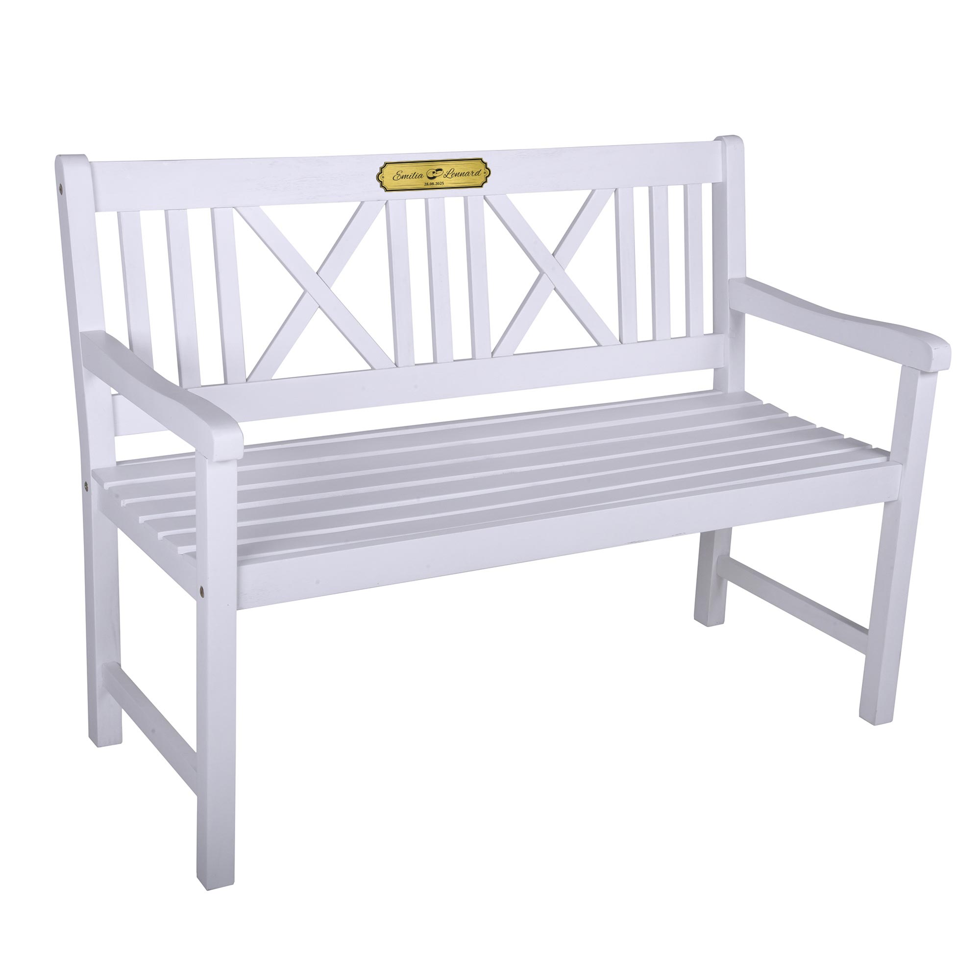 Gartenbank zur Hochzeit 2 Sitzer mit gravierter Plakette - Weiß