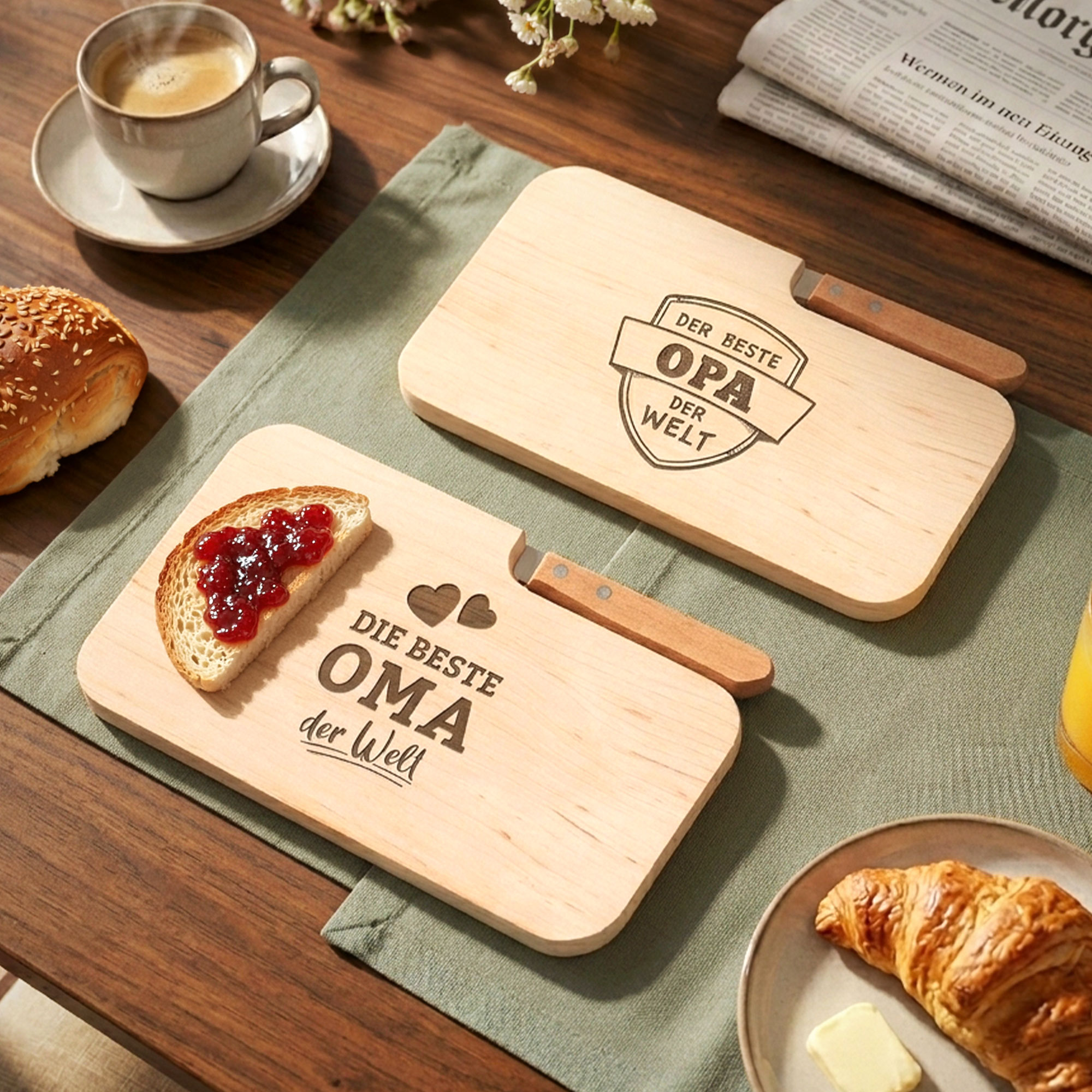 Frühstücksbrett mit Messer - 2er Set für Oma & Opa