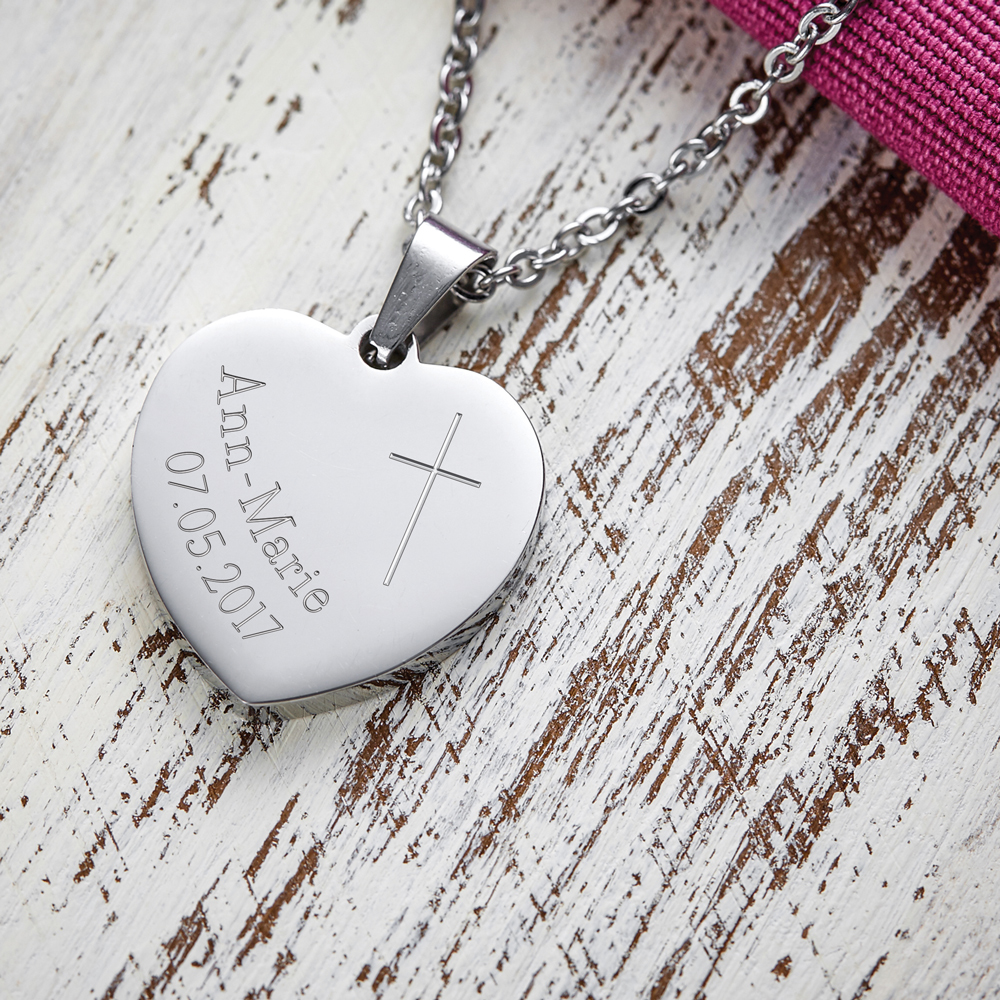 Kette mit Herz-Anhänger - Kreuzkette mit Gravur Kreuz und Datum - Silber