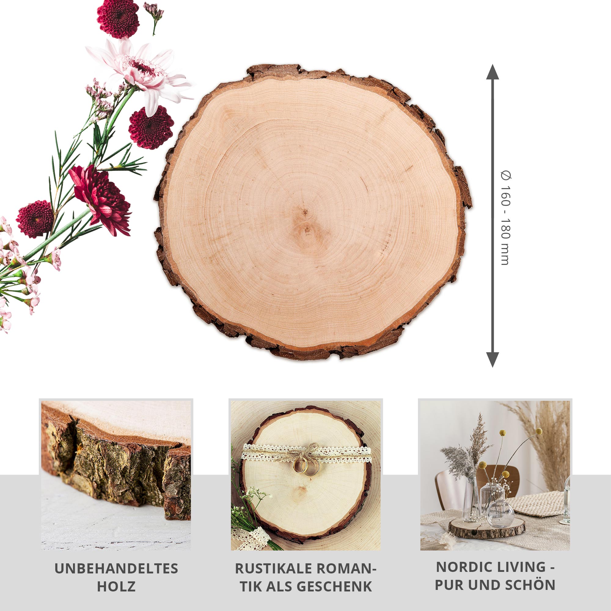 Holzscheiben mit Rinde im 3er Set, Holz Rundscheibe als schlichte Holzdeko, Astscheiben zum Basteln und Verzieren, Rindenbrett als Holz Tischdeko