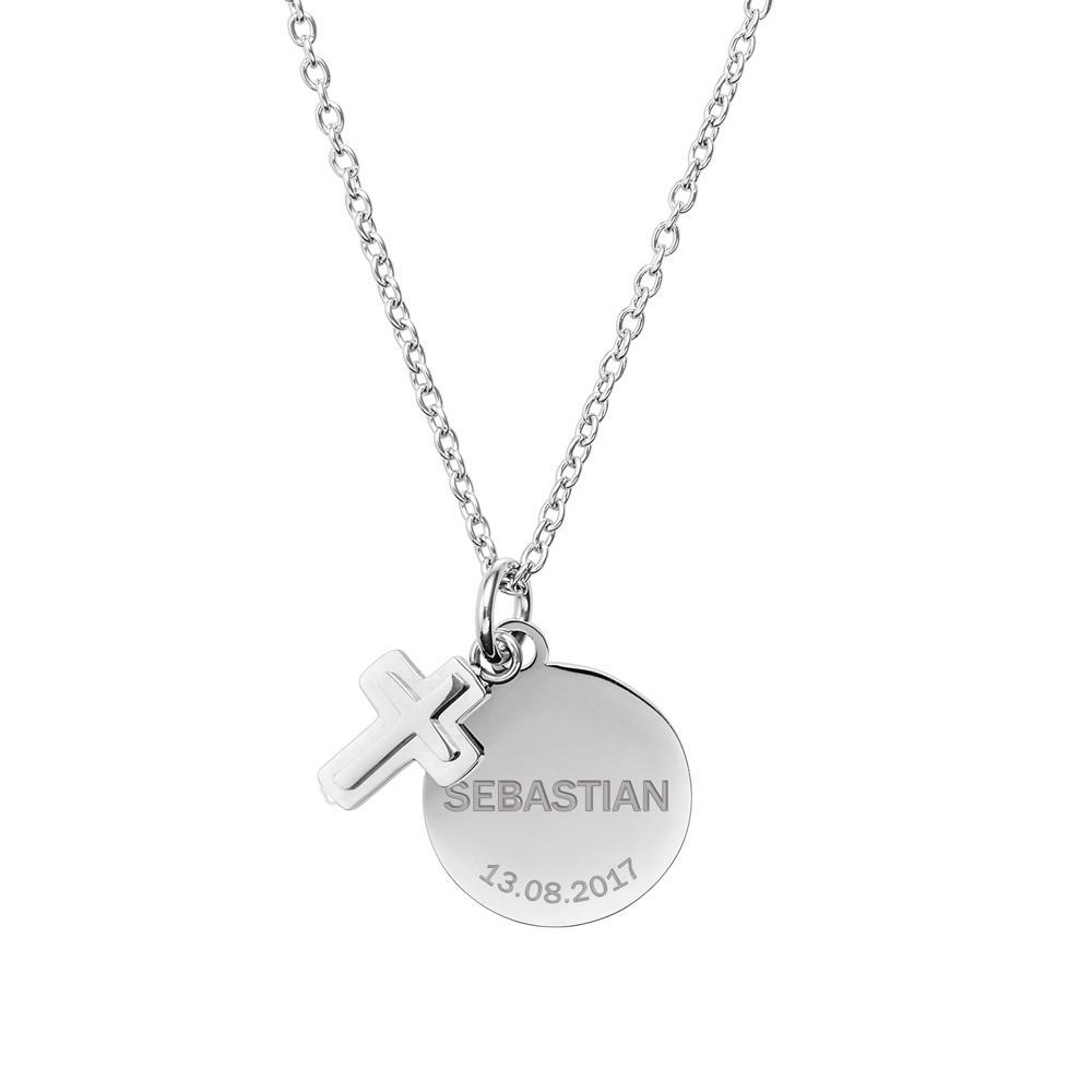 Kreuzanhänger und Plakette mit Gravur - Silber