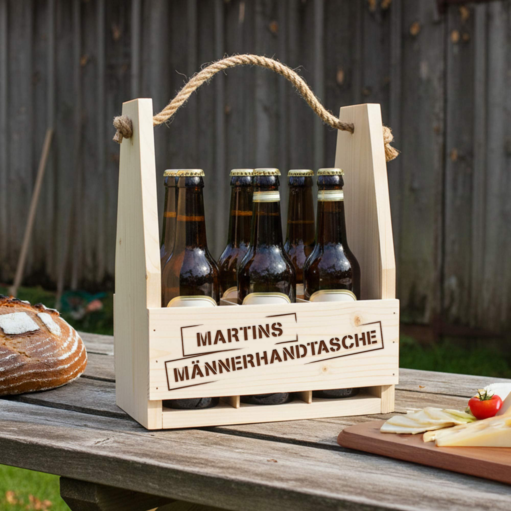 Flaschenträger 6-Fach aus Holz mit Gravur - Männerhandtasche
