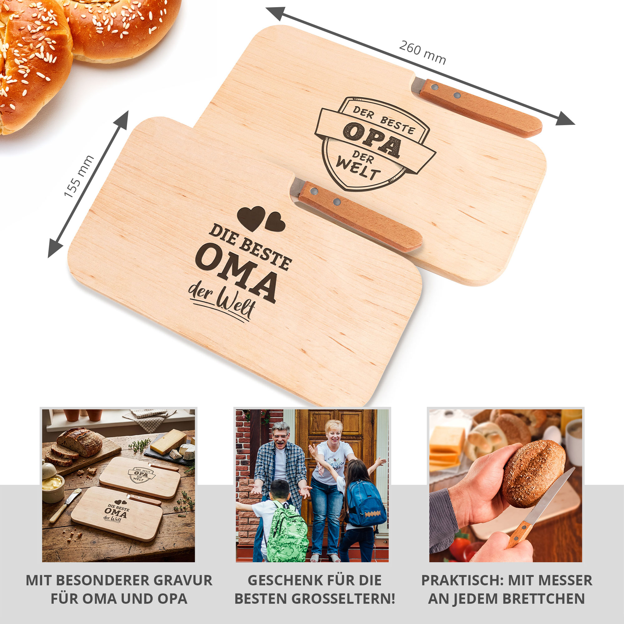 Frühstücksbrett mit Messer - 2er Set für Oma & Opa