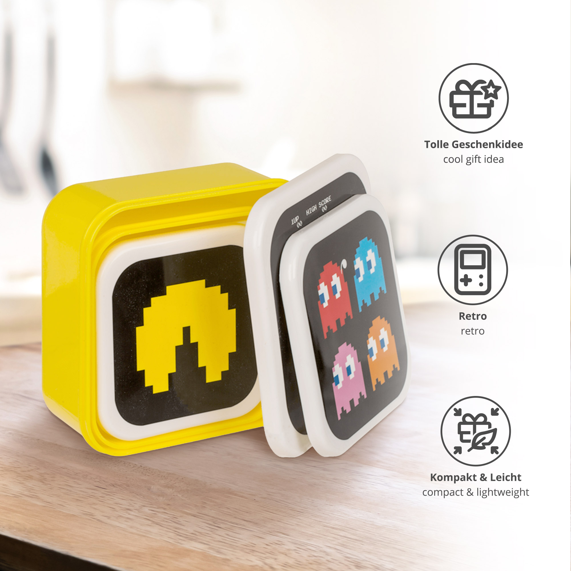 Pac Man Frühstücksdose, Brotbox mit Deckel, Brot Box Set, Brotdose für Kinder zur Einschulung, Butterbrotdose als Geschenk zum Schulanfang