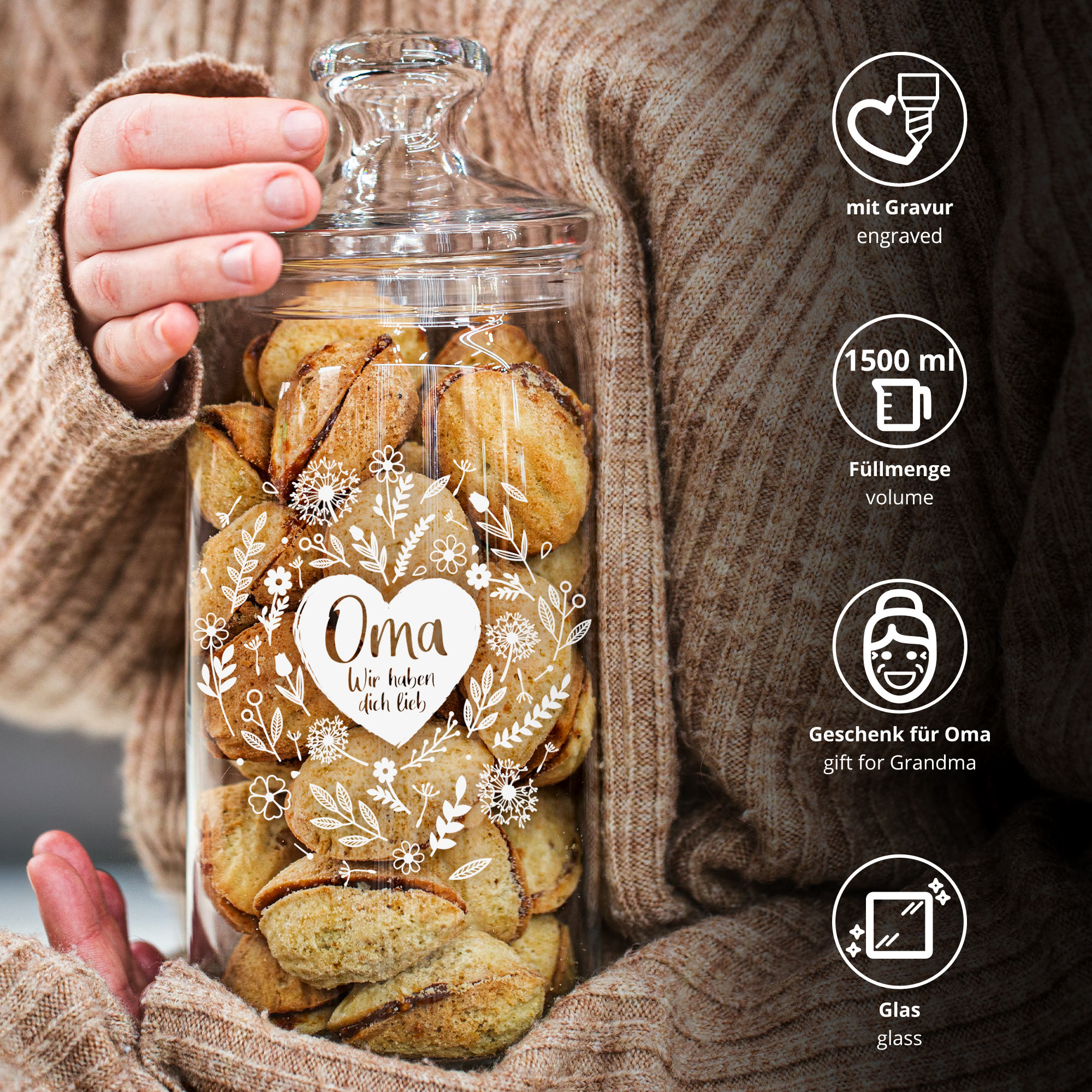 Vorratsglas mit Blumenherz Motiv, Glasbehälter mit Gravur für Oma, Keksdose als Geschenk für Oma, Aufbewahrungsglas mit luftdichtem Deckel