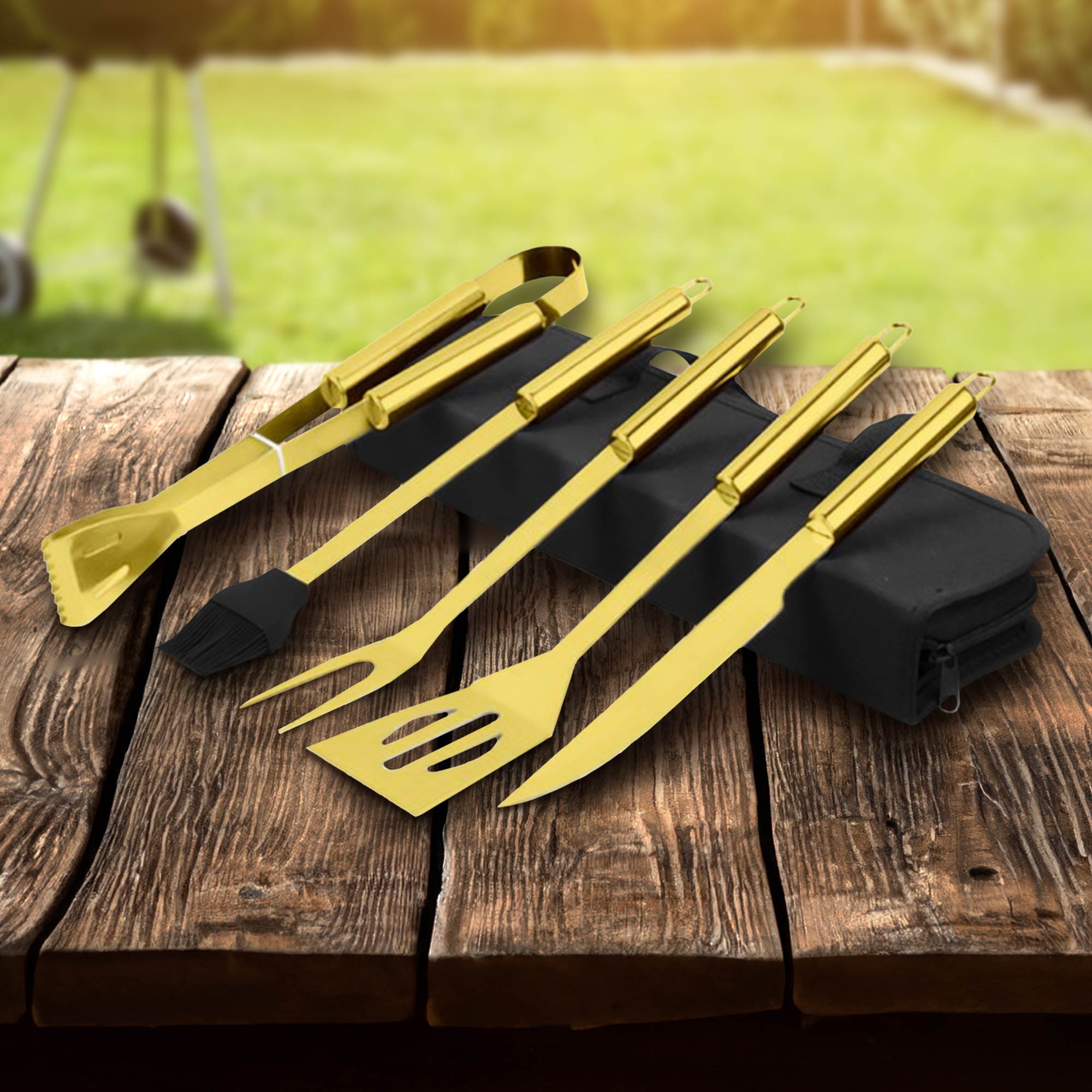 Goldenes Grillbesteck - 5-teiliges Grillset Deluxe