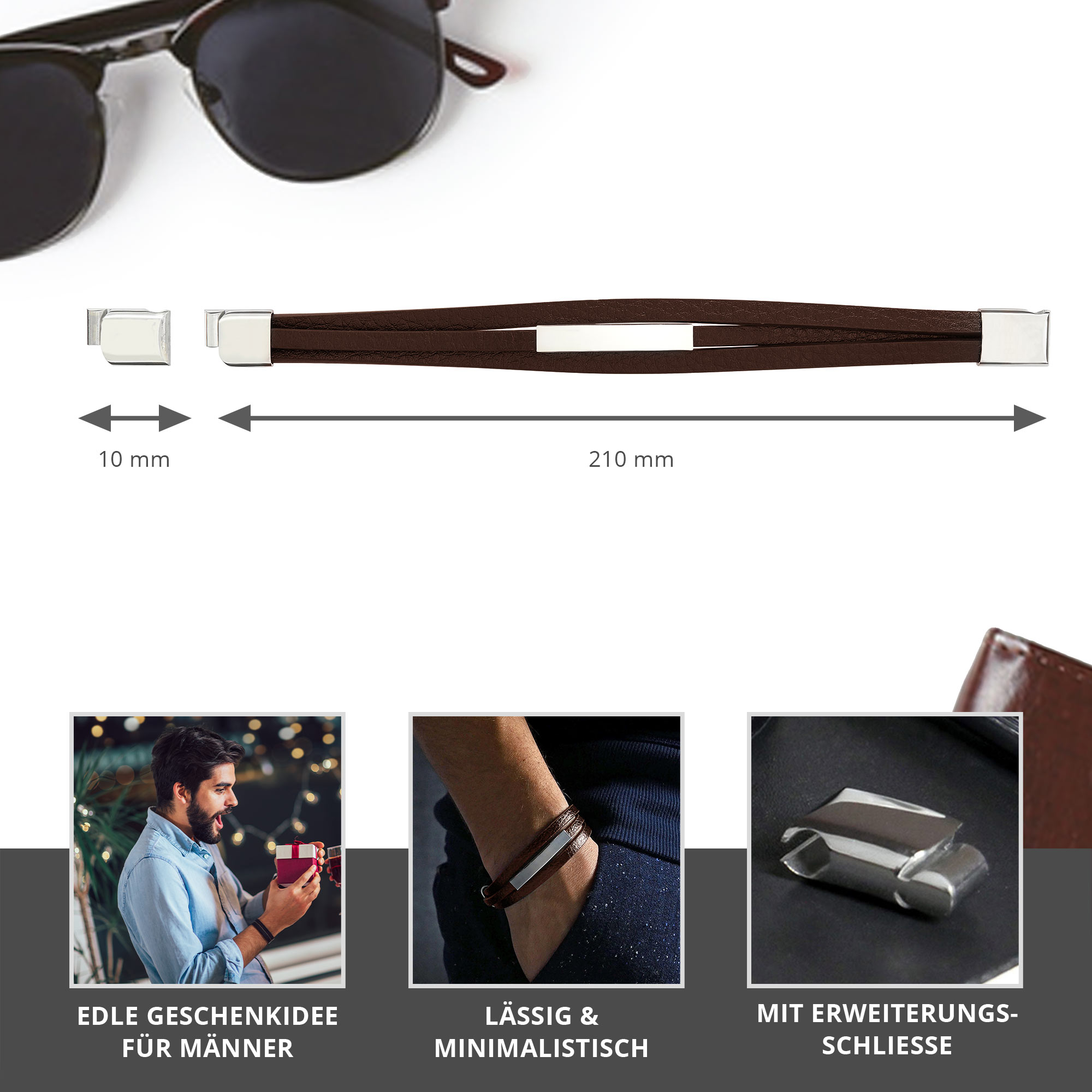 Handschmuck für Männer, Herren Armband aus Leder, Echtlederarmband mit Verschluss, Herrenschmuck Armband, Braunes Wickelarmband, Lederband Accessoir