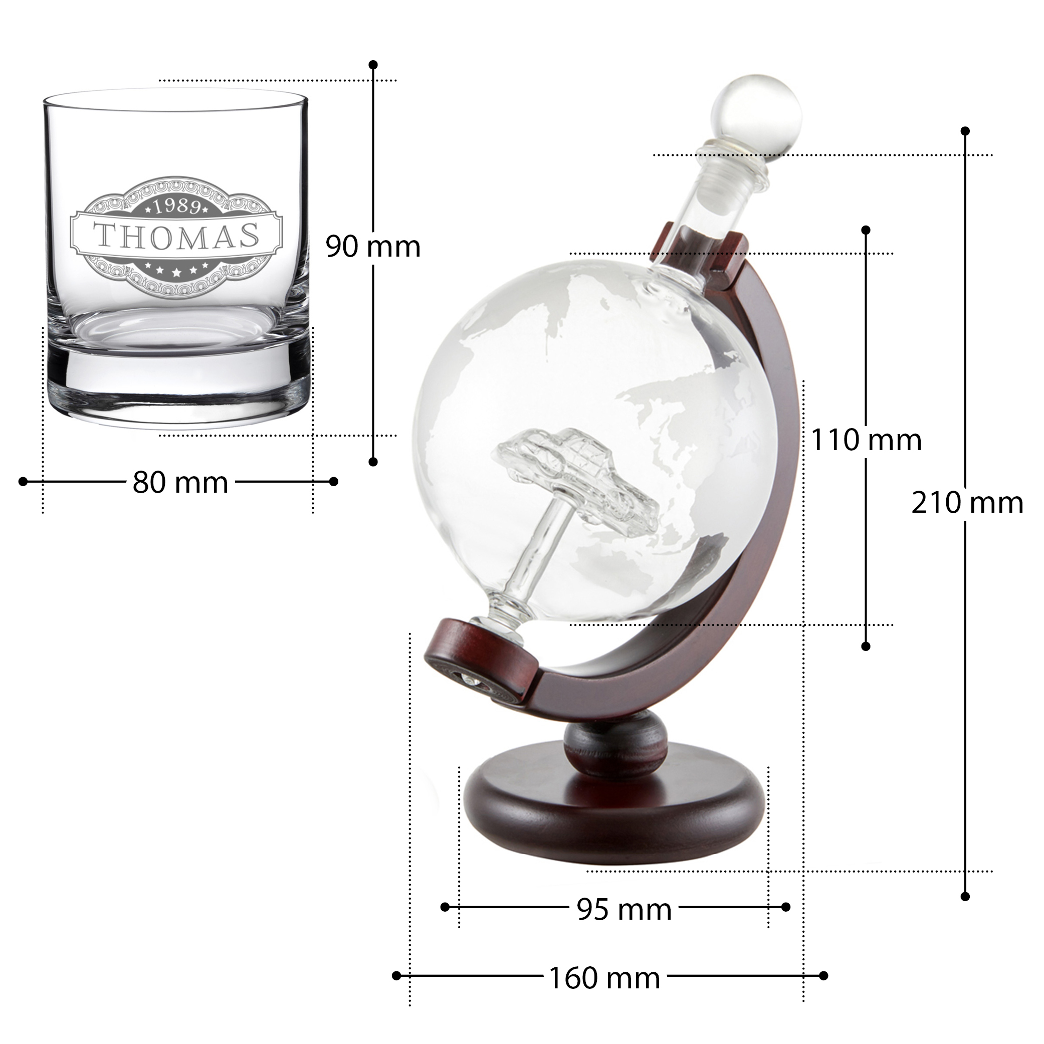 Whiskyset Globus Karaffe Auto und graviertes Glas Banderole
