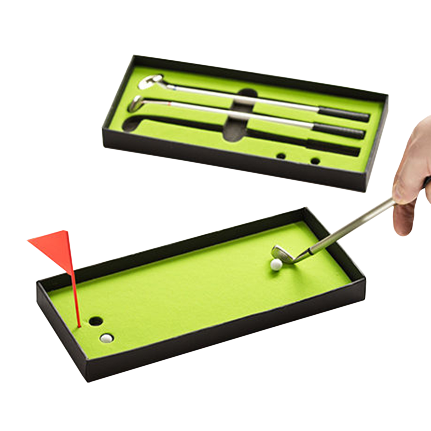 3 Kugelschreiber als Minigolf Bürospiel, Indoor Golf Tischspiel - witziges Schreibset in Golfschläger Optik, 
inklusive Mini Golftisch und Golfbäll