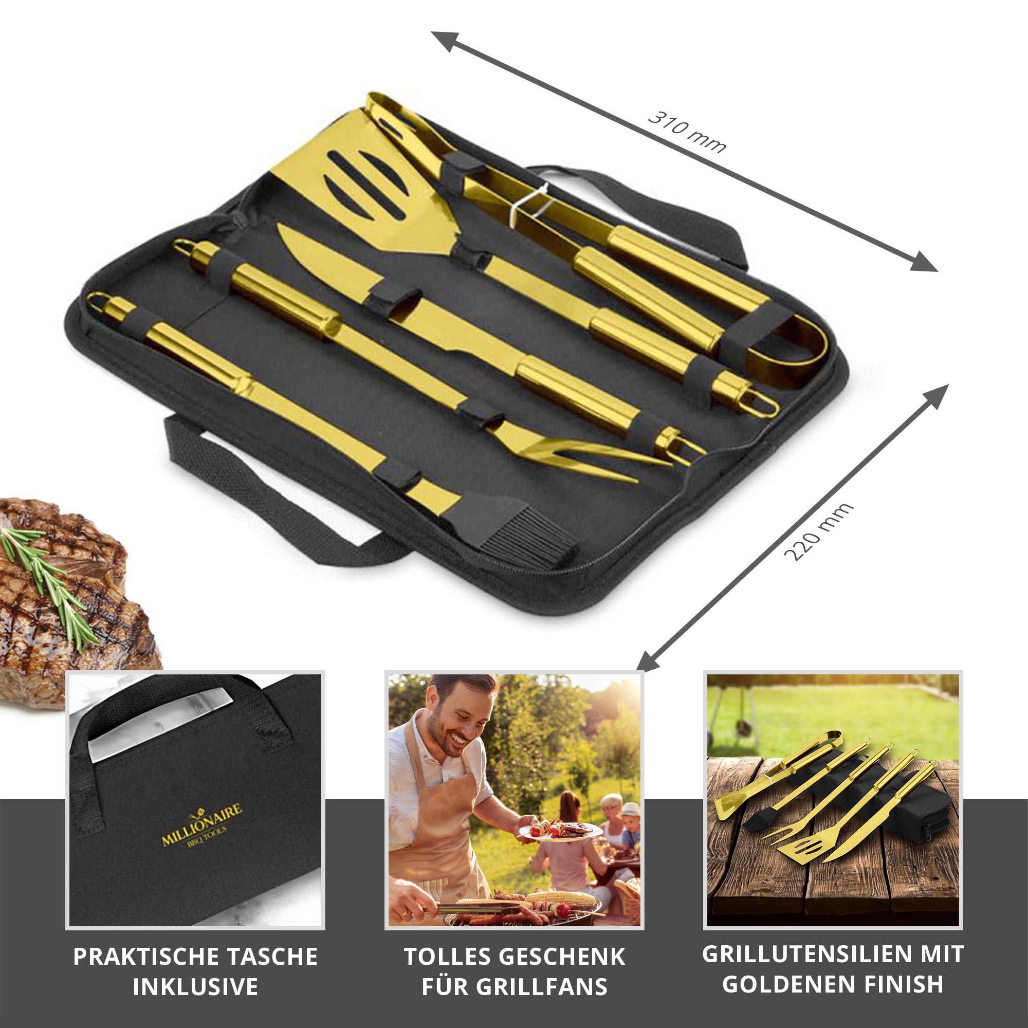 Goldenes Grillbesteck - 5-teiliges Grillset Deluxe