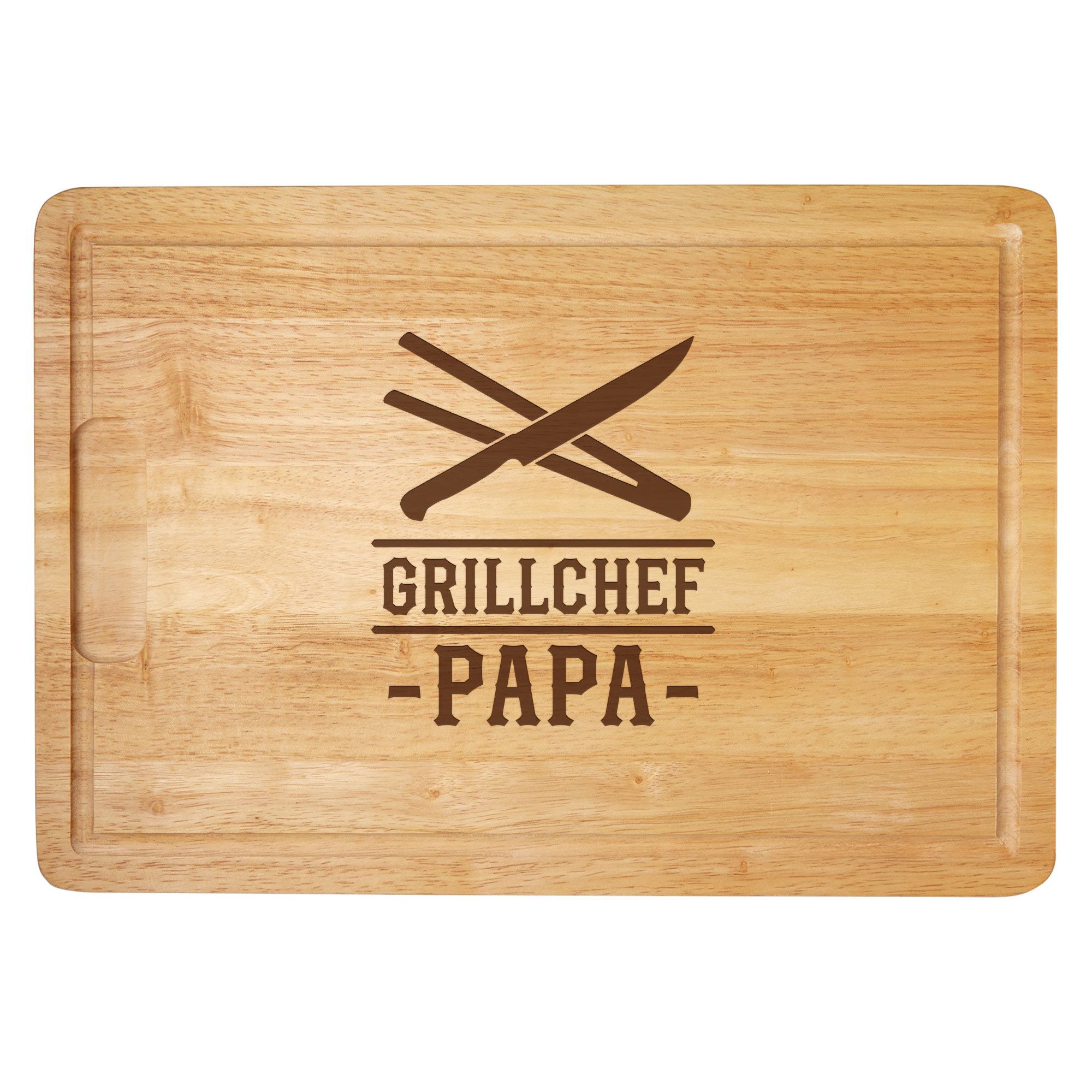 Servierbrett für Papa, Jausenbrett mit Gravur zum Grillen, Steakbrett mit Saftrille, Grillbrett mit Gravur Motiv, Küchenbrett aus Holz