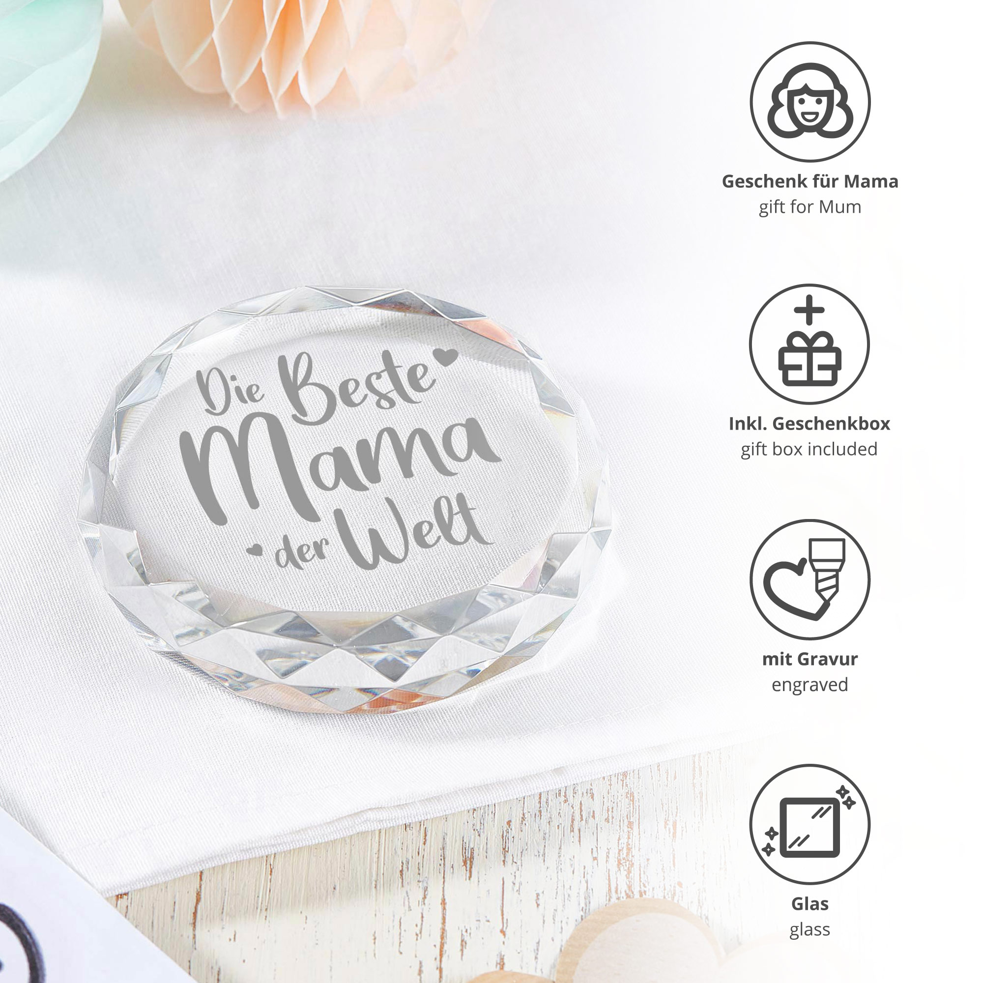 Glasdiamant Briefbeschwerer als Geschenk für Oma, Glasherz Dekoration mit Gravur, Glas Kristall mit graviertem Schriftzug, Herz Diamant Glasdeko