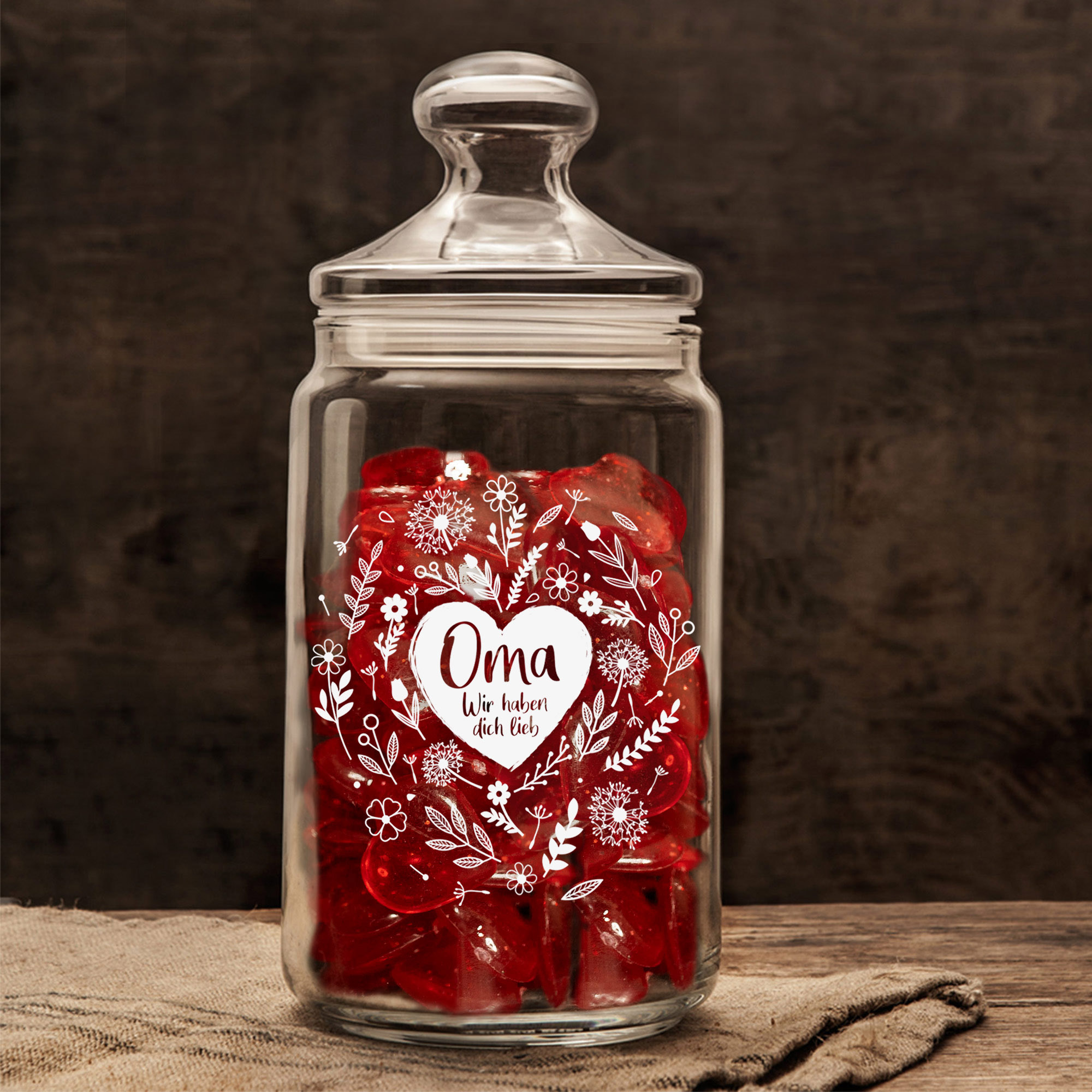 Glas für Bonbons mit Gravur, Bonboniere für Süßigkeiten, Süßigkeiten Glas mit Blumenherz Motiv, Aufbewahrungsglas als Geschenk für Oma