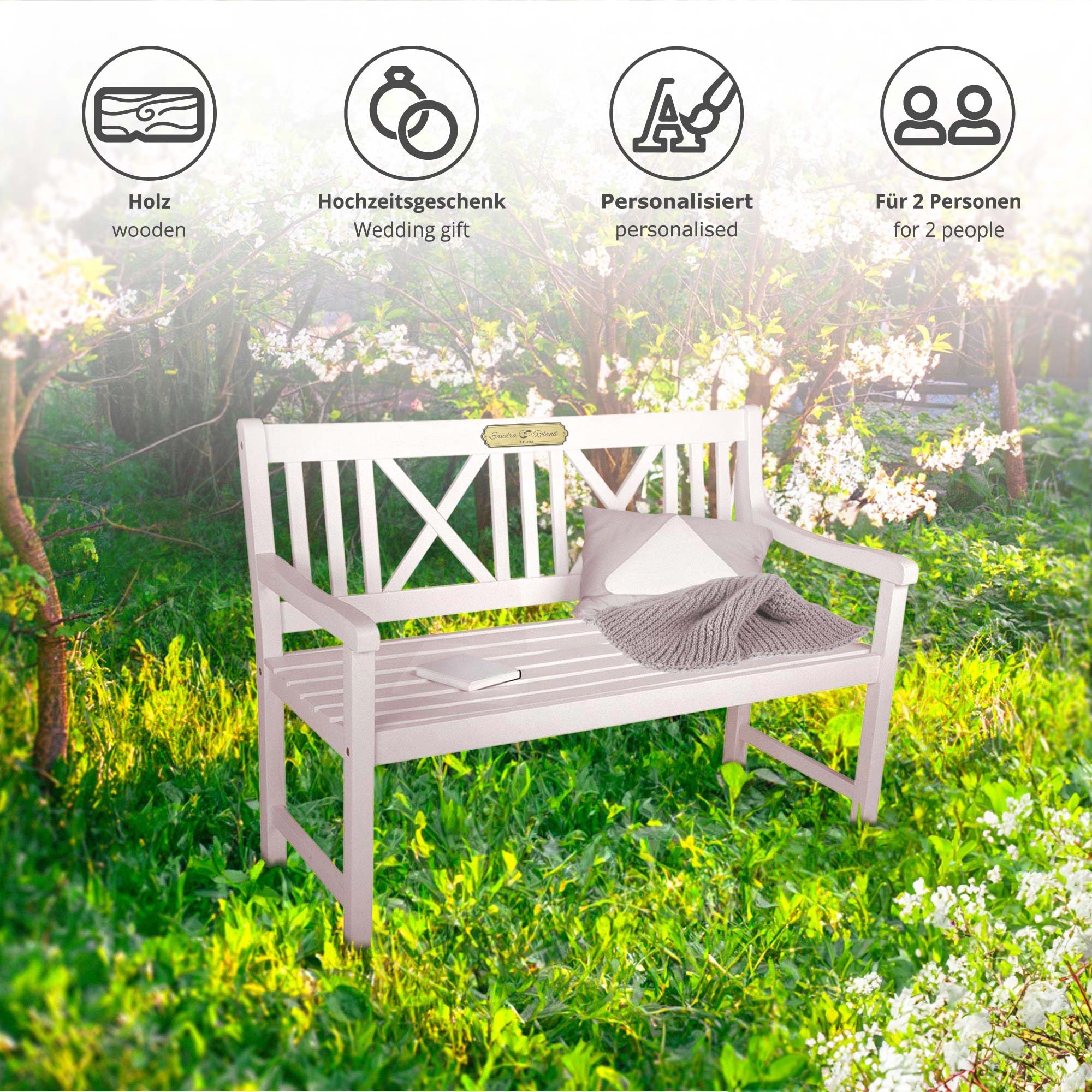 Gartenbank zur Hochzeit 2 Sitzer mit gravierter Plakette - Weiß